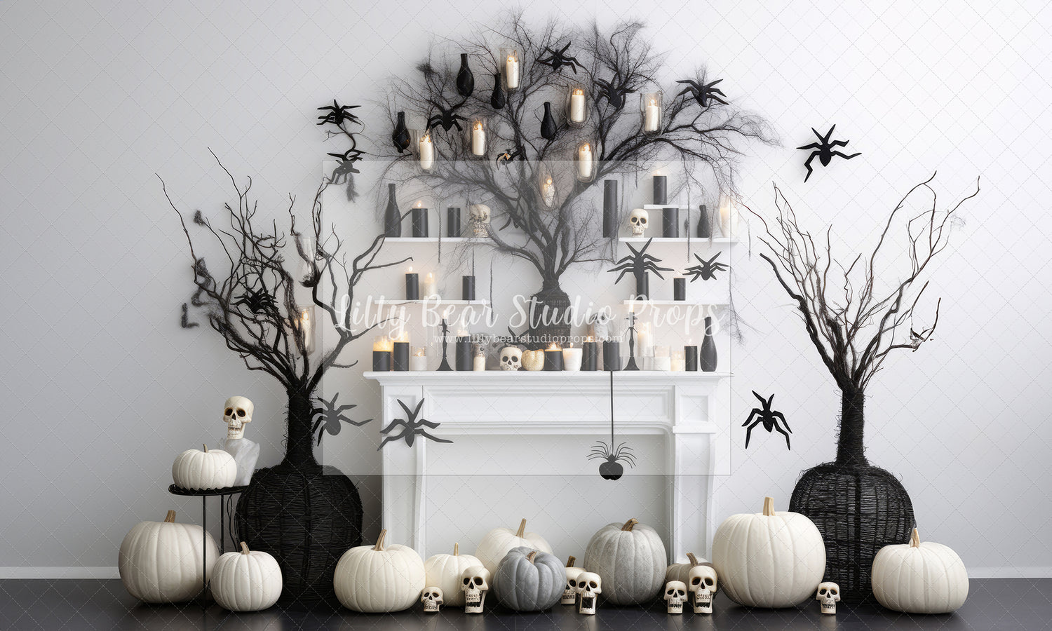Black & White Skull Halloween Fireplace - Sweep Option