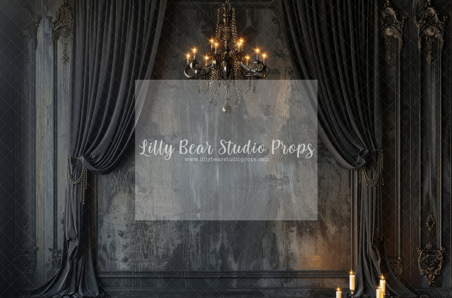 Dark Elegant Curtains & Chandelier - Sweep Option