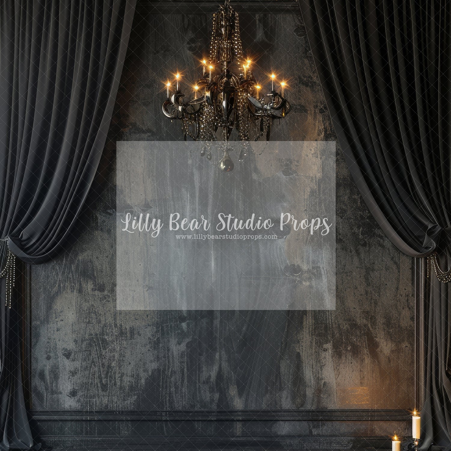 Dark Elegant Curtains & Chandelier - Sweep Option