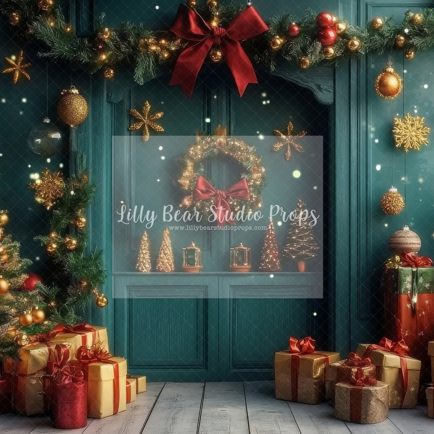 Emerald Green Christmas Wall with Garland & Wreath - Sweep Option