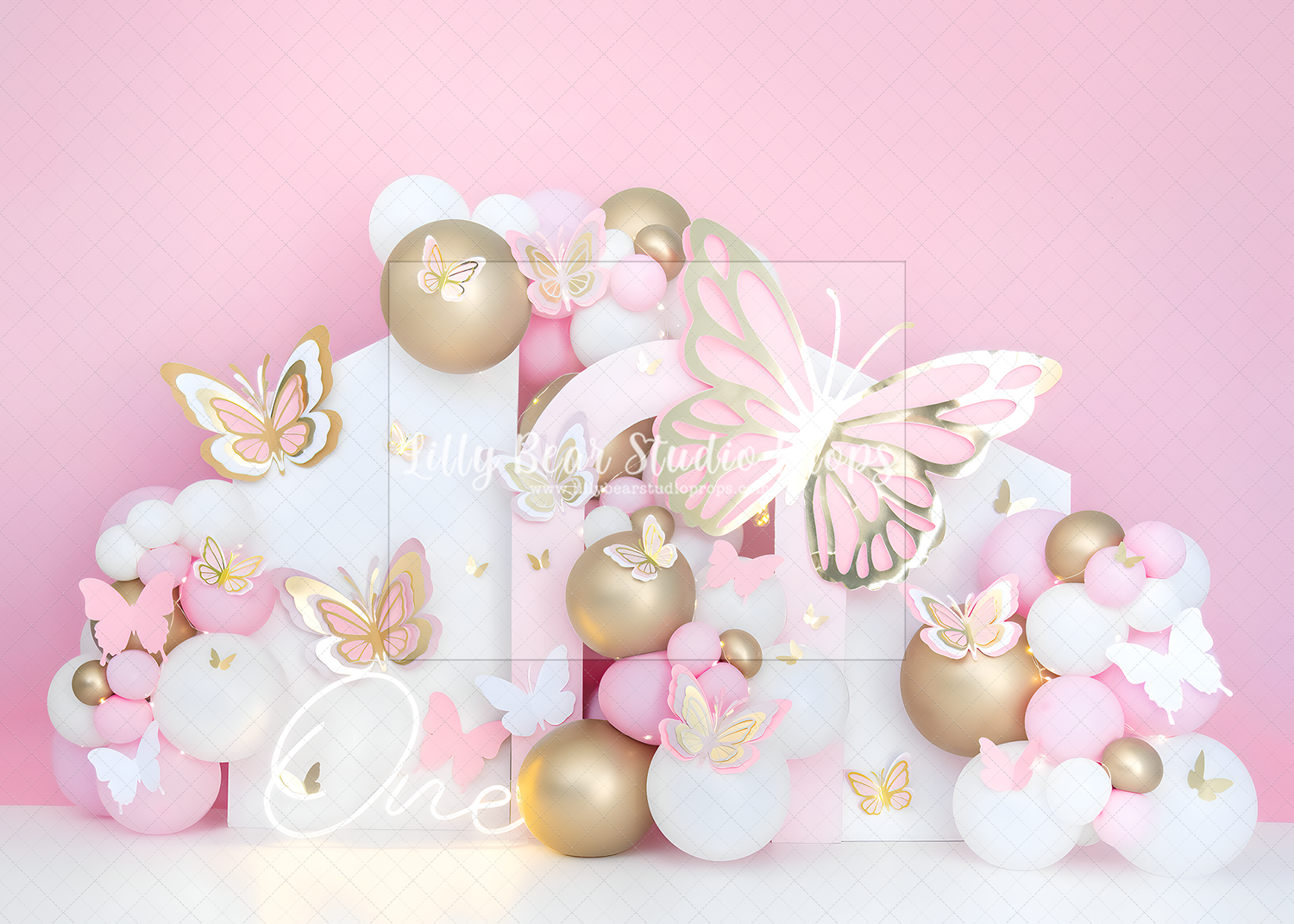 Mariposa's Pink and Gold Balloon Wall and Butterflies
