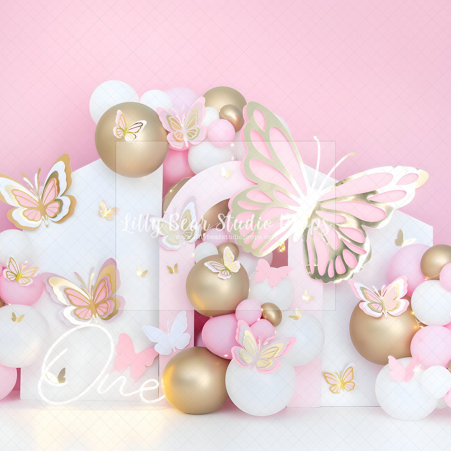 Mariposa's Pink and Gold Balloon Wall and Butterflies