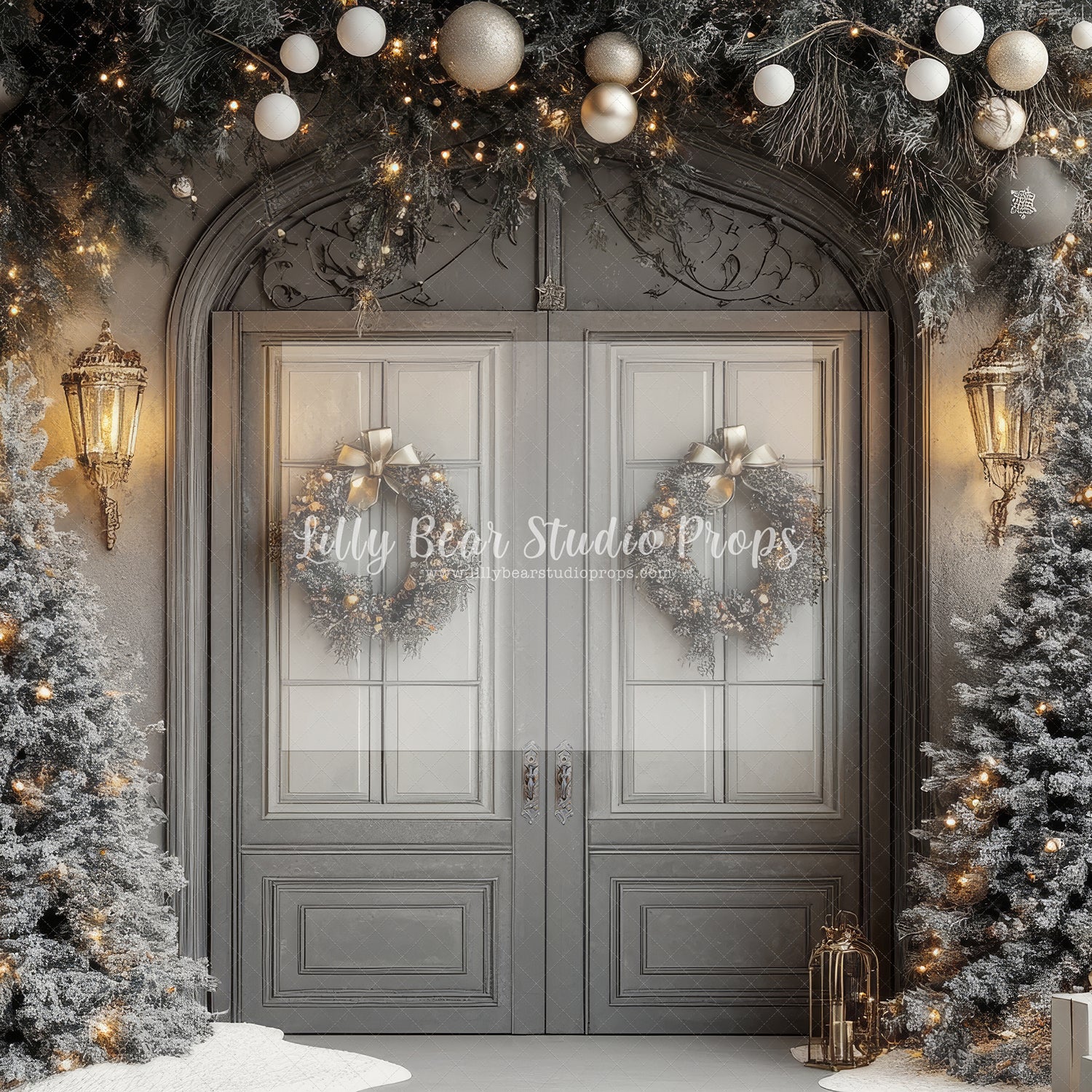 Pewter & White Christmas Double Doors with Wreaths - Sweep Option