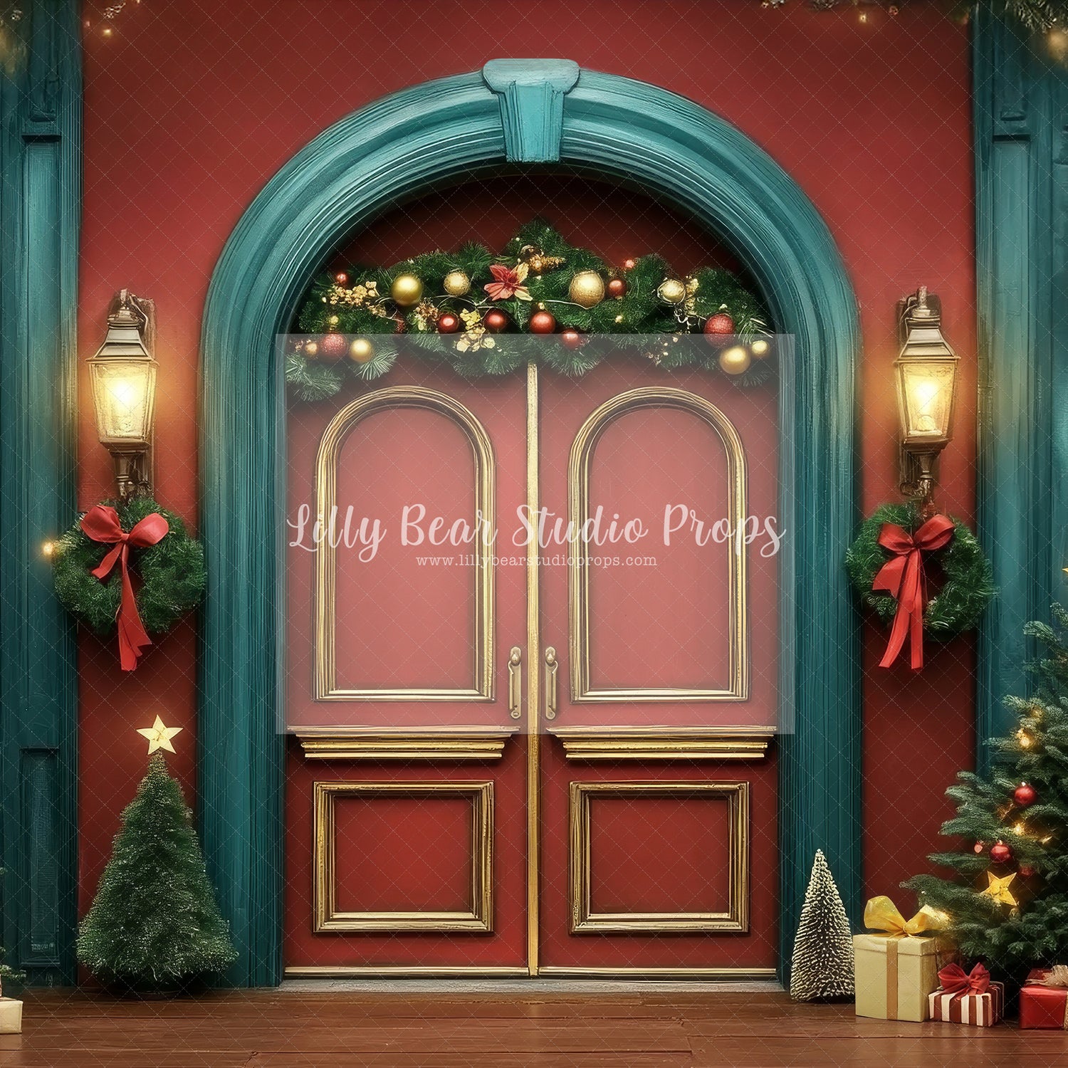Red & Gold Double Christmas Doors with Lanterns - Sweep Option