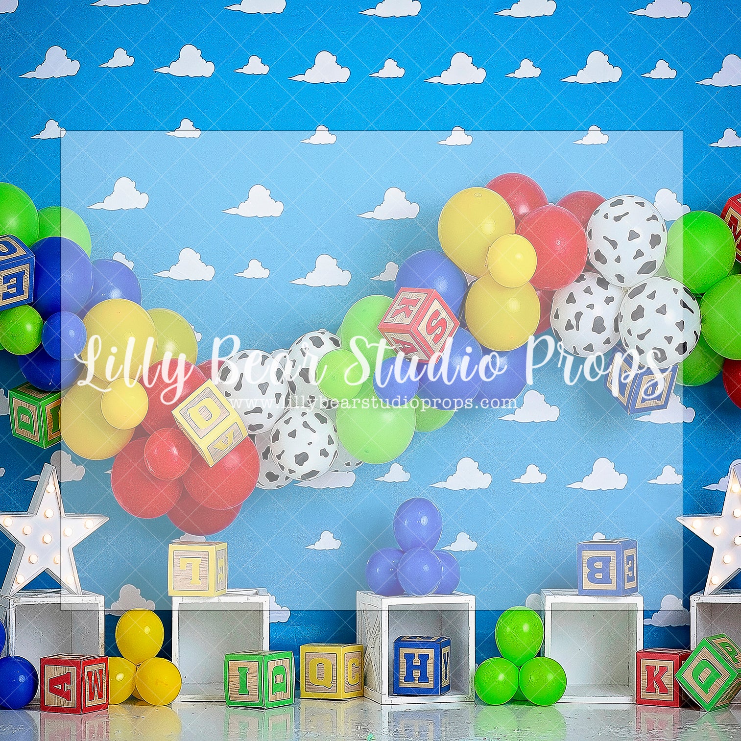 A Story About Toys - Lilly Bear Studio Props, andy's room, buzz lightyear, clouds, crown moulding, Fabric, forky, gabby gabby, jessie, kids play room, kids room, little bo-peep, moulding, mr. potato head, play room, potato head, sheriff woody, sky, slinky dog, toy story, toy story buzz lightyear, toy story woody, woody, Wrinkle Free Fabric