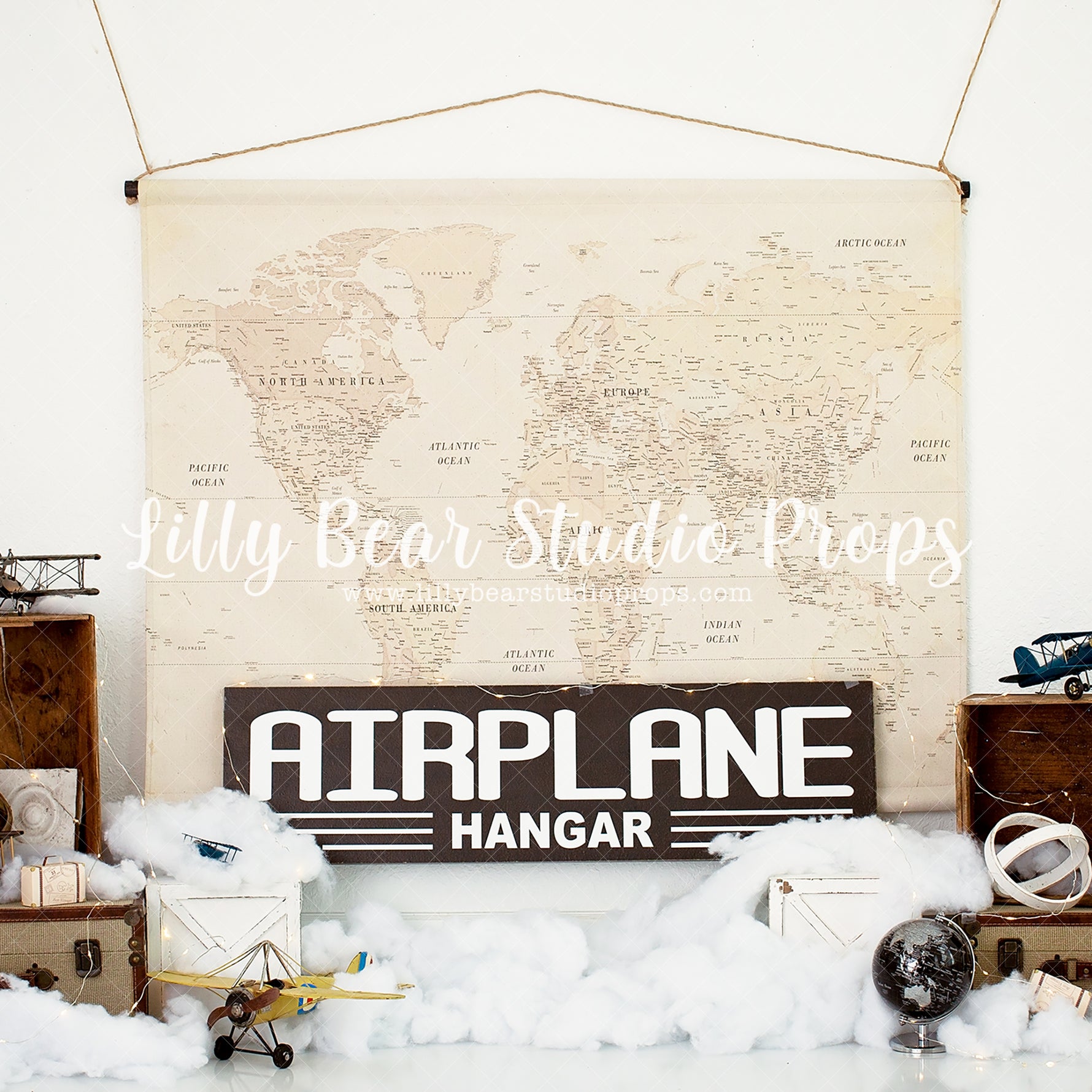 Airplane Hanger - Lilly Bear Studio Props, airplane, airplane hanger, airplanes, aviator, explorer, Fabric, FABRICS, globe, hanger, map, maps, ocean map, stars, travel, vintage map, world traveler, Wrinkle Free Fabric