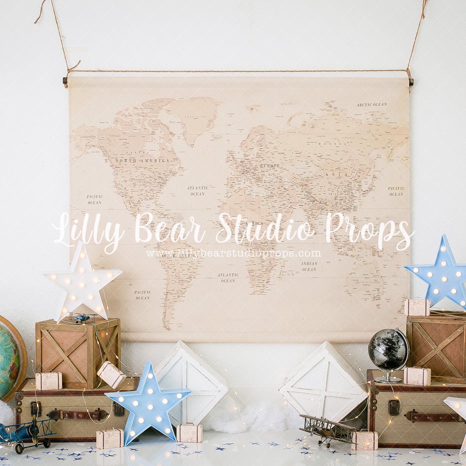 All Around The World - Lilly Bear Studio Props, airplane, airplanes, aviator, explorer, Fabric, FABRICS, globe, map, maps, ocean map, stars, travel, vintage map, world traveler, Wrinkle Free Fabric