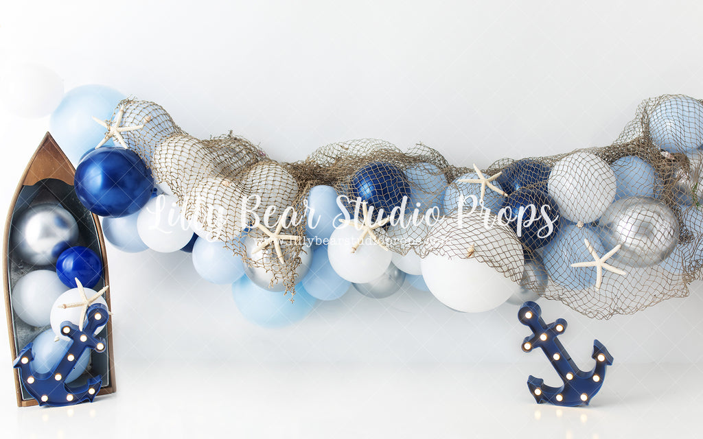 Anchor Away - Lilly Bear Studio Props, anchor, anchor away, anchors away, balloon, balloon arch, balloon garland, balloon party, beach balloon, beach balloon garland, Fabric, fishnet, netting, Wrinkle Free Fabric
