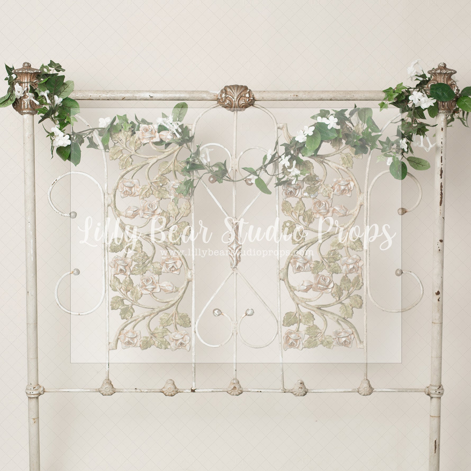 Antique Iron Headboard-Floral Garland - Lilly Bear Studio Props, FABRICS, fancy headboard, headboard, vintage headboard, white headboard
