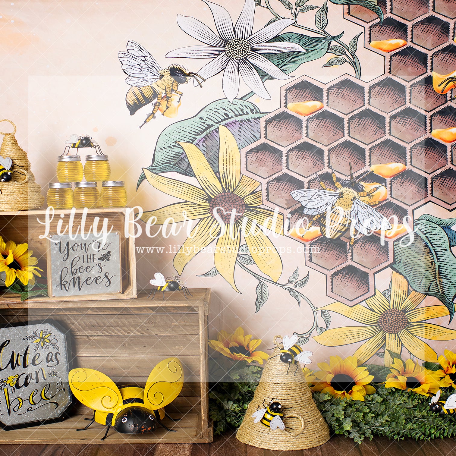 Cute As Can Bee - Lilly Bear Studio Props, bee hive, bees, FABRICS, flower spring, girl, honey, honey bees, honey comb, spring, spring flowers