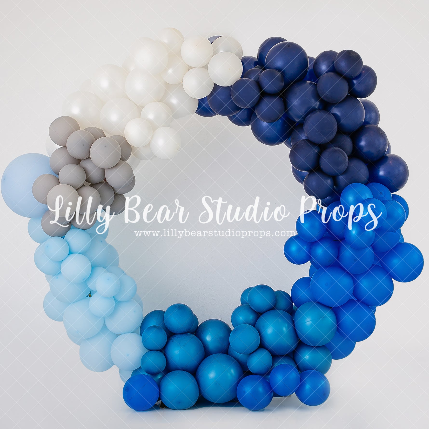 Balloon Circle Blues - Lilly Bear Studio Props, balloon, balloon arch, balloon chic, balloon circle, balloon flowers, balloon garland, blue, blue balloon garland, blue balloon wall, blue balloons, blue boy, Fabric, shades of blue, Wrinkle Free Fabric