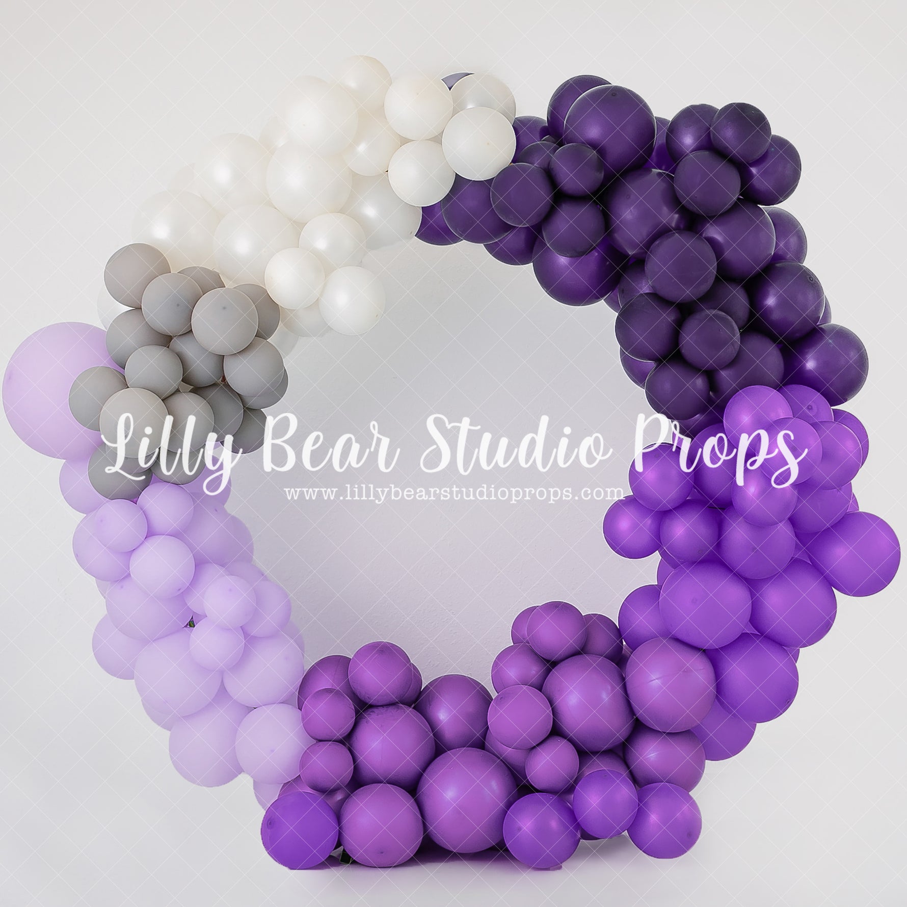 Balloon Circle Purple - Lilly Bear Studio Props, balloon, balloon arch, balloon chic, balloon circle, balloon flowers, balloon garland, Fabric, metallic purple balloons, purple, purple balloon garland, purple balloon wall, purple balloons, shades of purple, Wrinkle Free Fabric