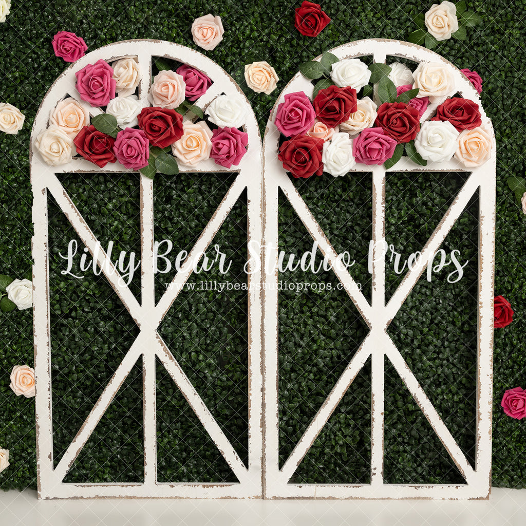 Blooming Rose Arch - Lilly Bear Studio Props, boxwood, boxwood wall, bush, Fabric, FABRICS, floral, flowers, frame, garden, grass, green wall, greenery, pink rose, pink roses, purple roses, red rose, red roses, rose, roses, spring, valentine, valentines, valentines day, white roses, window, Wrinkle Free Fabric