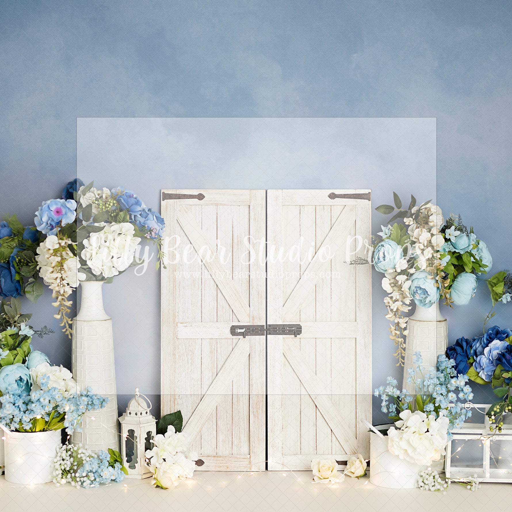 Blue Belle by Sweet Little Blessings - Lilly Bear Studio Props, belle, blue, blue belle, blue floral, blue flower, blue flowers, blush roses, blushing, butterflies, butterfly, butterfly flowers, butterfly garden, FABRICS, floral, floral doors, flower garden, girl, paper butterflies, paper flower wall, paper flowers, pastel pink flowers, pink butterflies, pink butterfly, pink flowers, pink rose, pink roses, white barn doors, white doors, windows