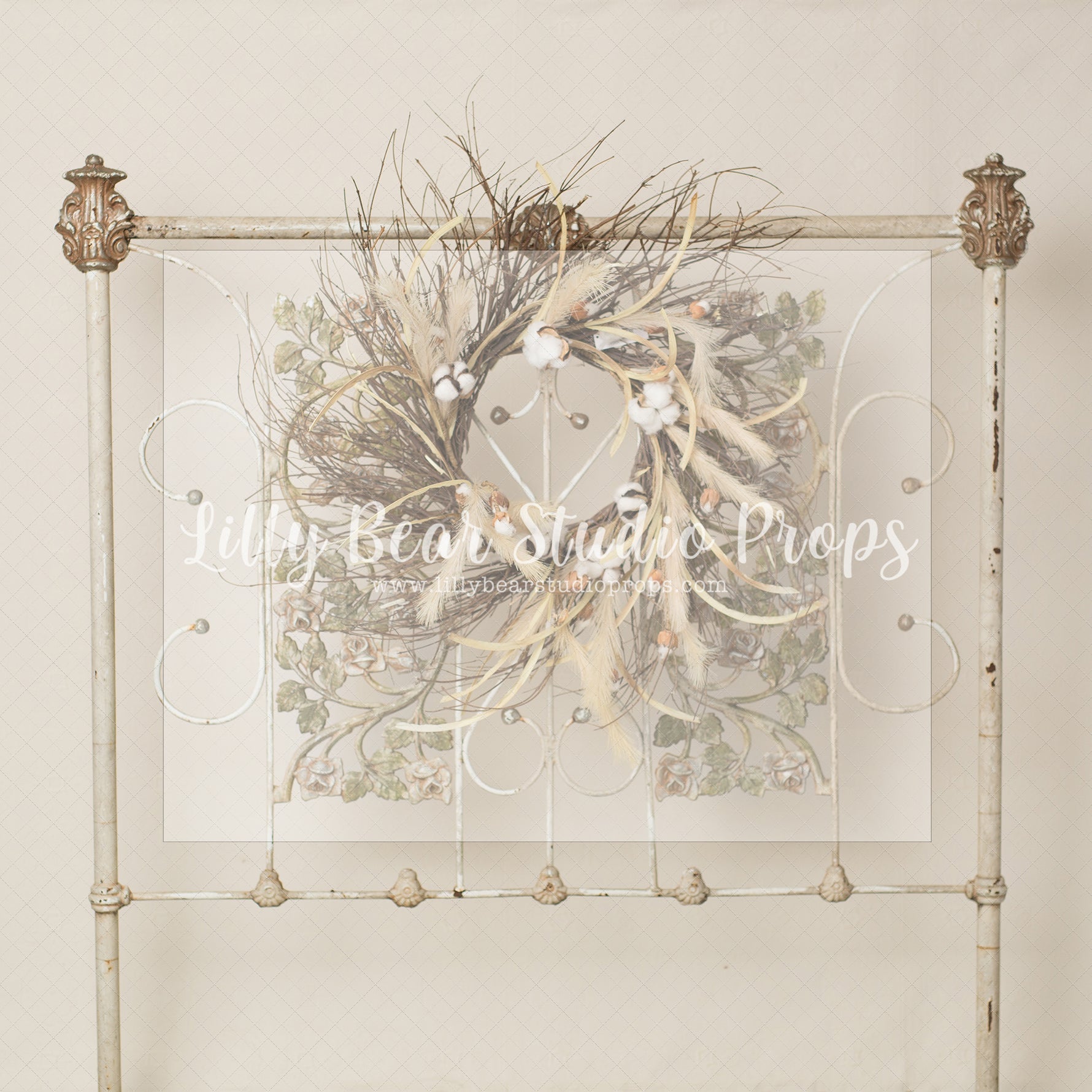 Boho Cotton Wreath Headboard - Lilly Bear Studio Props, boho bed, boho wreath, FABRICS, fancy headboard, headboard, vintage headboard, white headboard, wreath