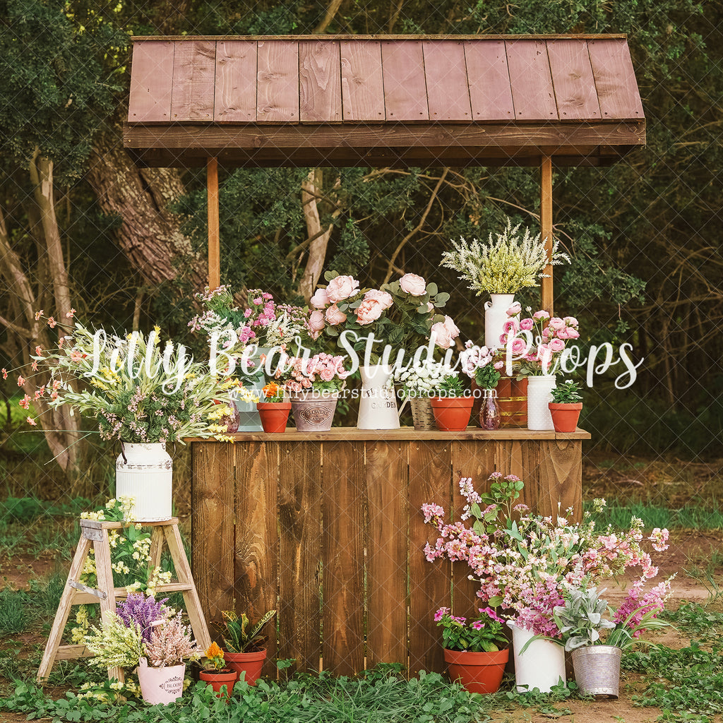 Bright Fresh Flower Stand - Lilly Bear Studio Props, bicycle, blooming flowers, blue flower, blue flowers, bright flowers, flower, flower balloons, flower market, flower shop, flower stand, fresh flowers, fresh fruit, fruit market, little flower shop, pink balloons, summer, summertime, white picket fence