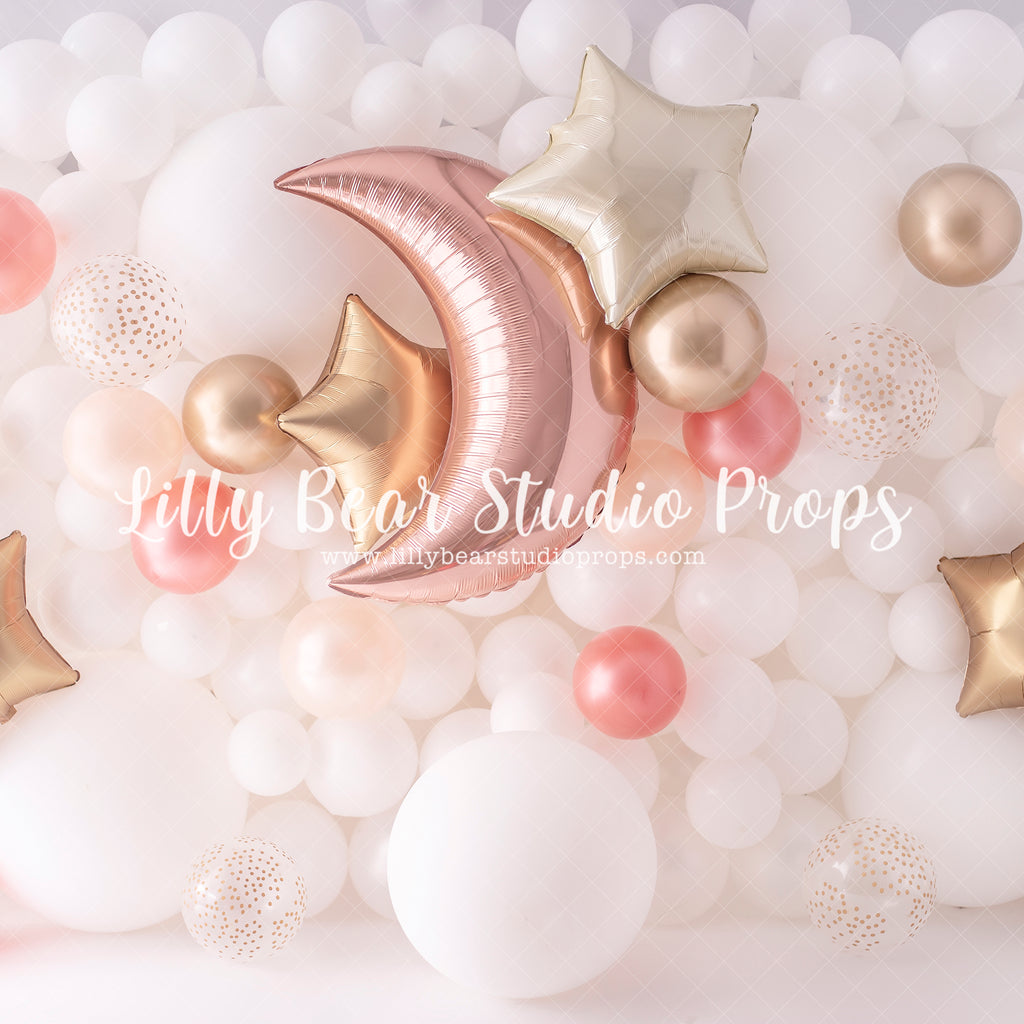 Bright Moon & Stars - Lilly Bear Studio Props, balloon wall, gold star, gold stars, moon, moon and stars, pastel, stars, white balloon wall