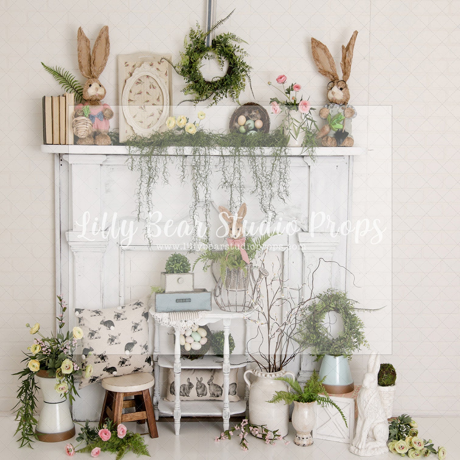 Bunny Mantel - Lilly Bear Studio Props, boho spring, bunny, bunny garden, bunny one, bunny trail, carrot, carrots, easter, easter backdrop, easter basket, easter bunny, easter eggs, easter mini, FABRICS, fireplace, flower barn doors, flower garden, flower stand, mantel, some bunny is one, spring, spring camper, spring garden