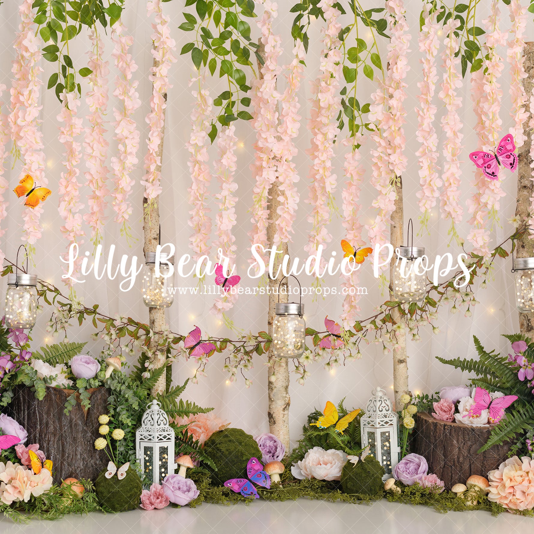 Butterfly Fairy Garden - Lilly Bear Studio Props, butterfly, butterfly colours, butterfly flowers, butterfly pink, butterflyland, Fabric, FABRICS, fairy, fairy cottage, fairy dust, fairy light, fairy princess, fairyland, fairytale, flowers, gold butterfly, lanterns, mason jars, twinkle lights, wisteria, wisteria flowers, Wrinkle Free Fabric