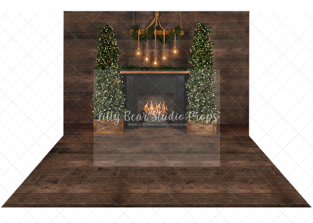 Cozy Fireplace Christmas Combo - Lilly Bear Studio Props, black fireplace, bohemian christmas, bohemian fireplace, bohemian mantel, boho, boho christmas, boho holiday, boho mantel, christmas, christmas mantel, christmas village, evergreen trees, evergreens, Fabric, fireplace, holiday, holiday christmas, mantel, Pampas, pine trees, white christmas, white holiday, Wrinkle Free Fabric