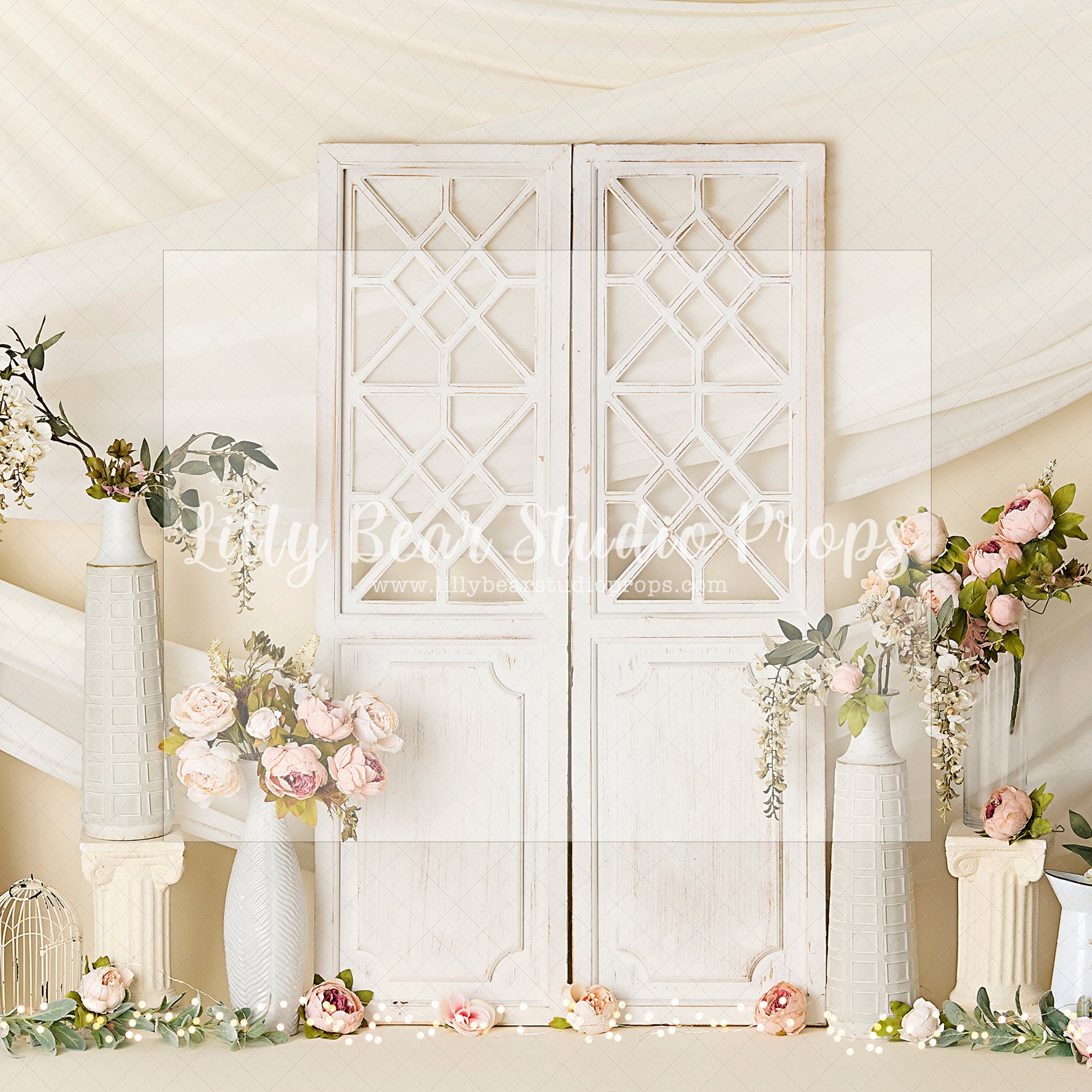 Curtain Drape Doors by Sweet Little Blessings - Lilly Bear Studio Props, blush roses, blushing, FABRICS, floral, floral doors, flower garden, girl, paper flower wall, paper flowers, pastel pink flowers, pink flowers, pink rose, pink roses, white doors, windows