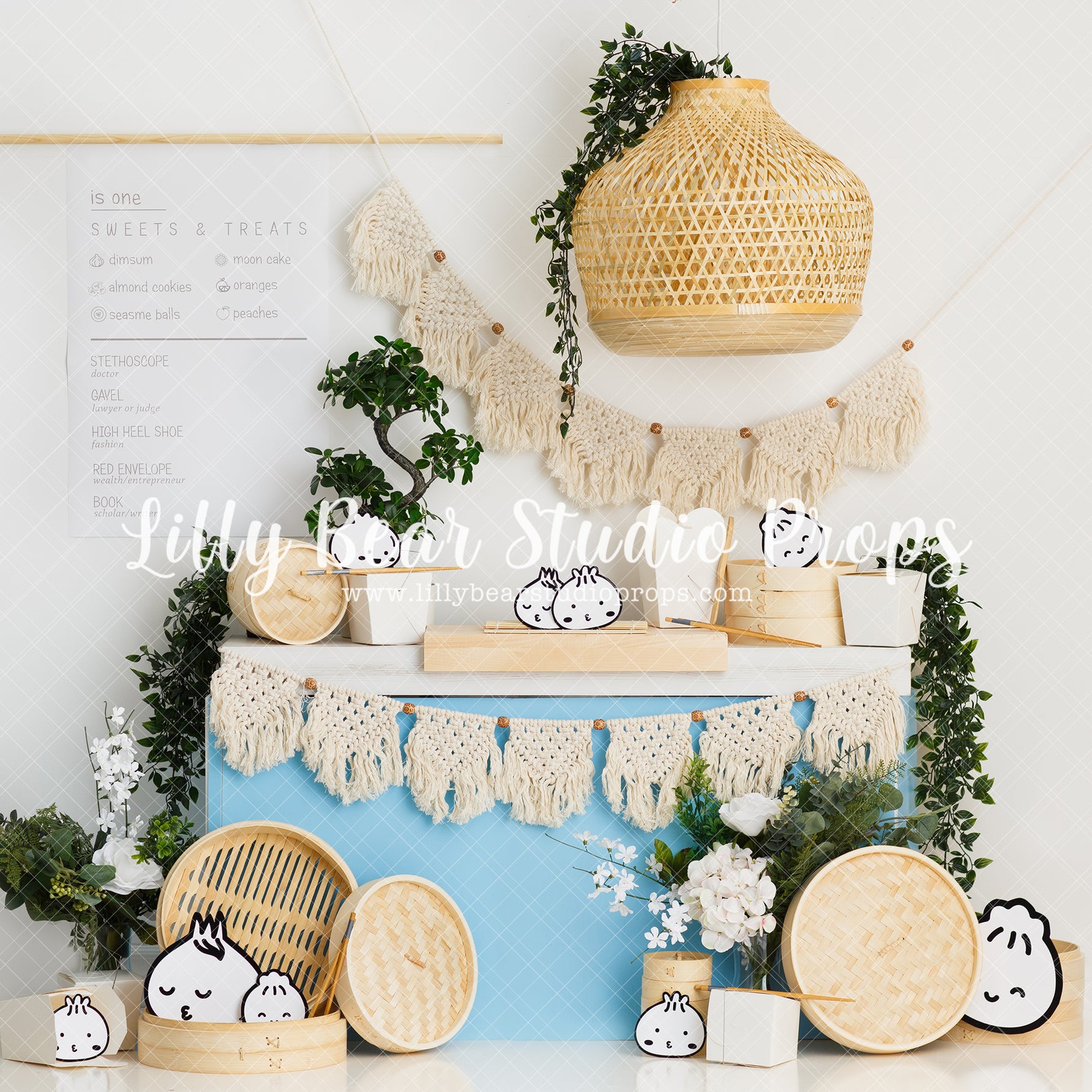 Dim Sum - Lilly Bear Studio Props, asian, bohemian dim sum, bohemian garland, bohemian light, Chinese food, dim sum, dim sum birthday, dim sum table, Fabric, FABRICS, food, food steamer, korean, macrame, steamer