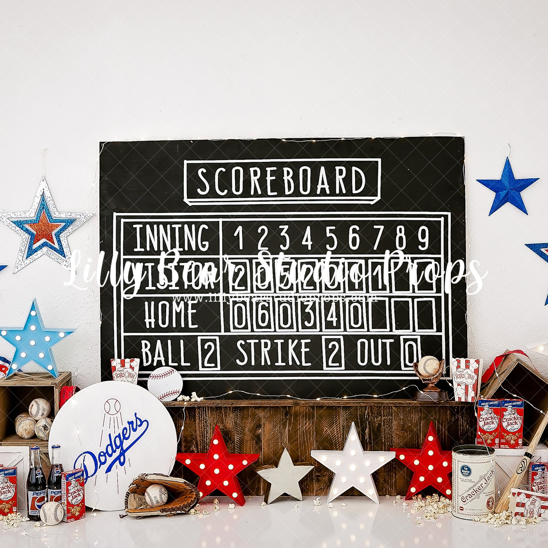 Dodgers Stadium - Lilly Bear Studio Props, ball game, baseball, baseball balls, baseball bat, baseball birthday, baseball diamond, baseball field, baseball player, baseball star, blue and red, boy, boy sports, boy theme, Coka Cola, cracker jacks, distressed brick, dodgers, dodgers stadium, Fabric, FABRICS, game, home base, inning, pitcher, scoreboard, sport birthday, sports, sports game, sports theme, star, stars, take me out to the ball game, Wrinkle Free Fabric