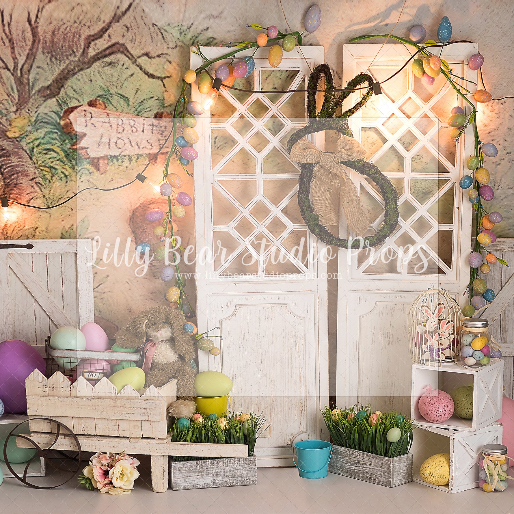 Easter Bunny House - Lilly Bear Studio Props, barn doors, bunnies, bunny, easter, easter backdrop, easter bunny, easter doors, easter egg, easter eggs, easter flowers, easter mini, FABRICS, happy easter, some bunnies one, some bunny is one, some bunny's one, spring barn doors, spring bunny, white barn doors