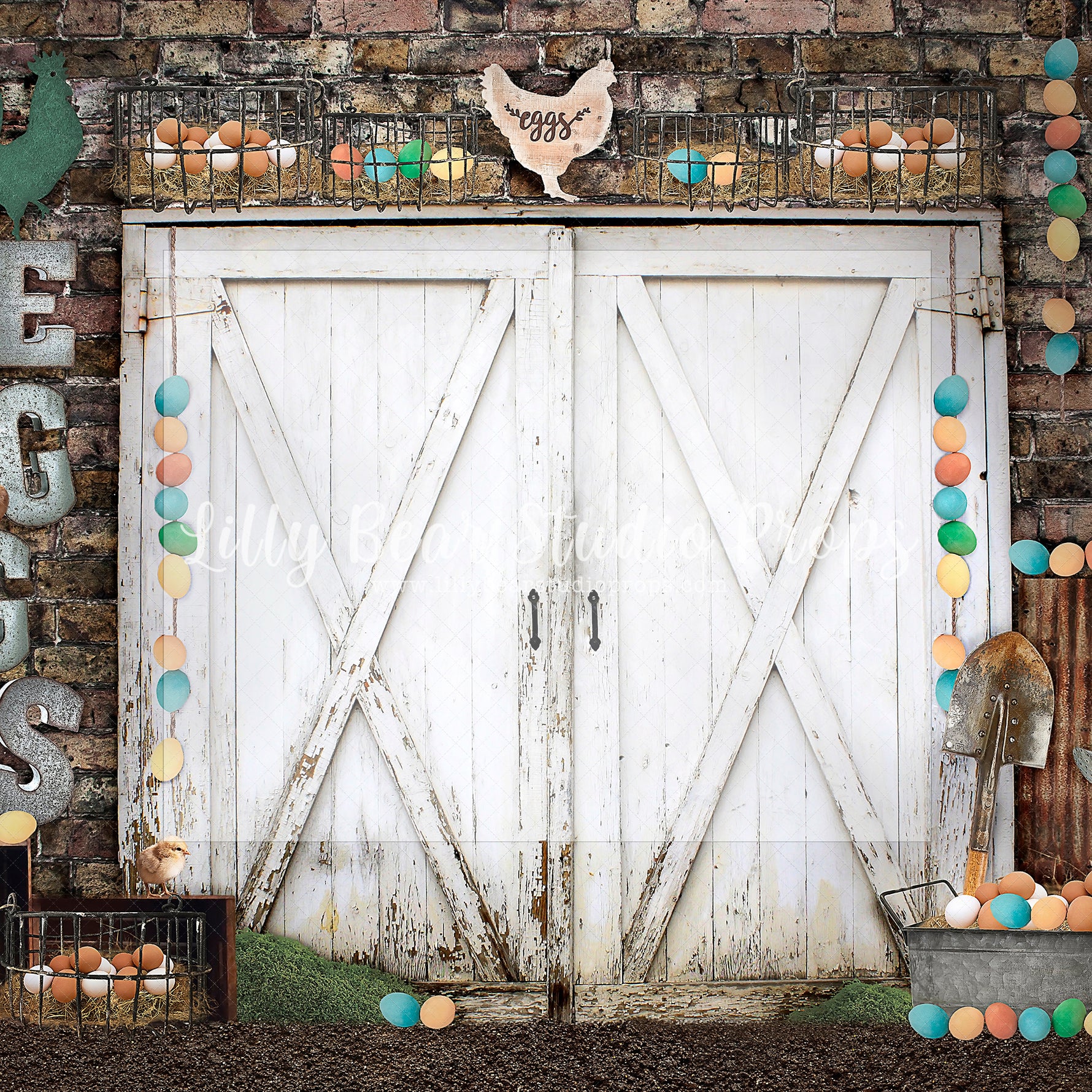 Easter Egg Barn Doors - Lilly Bear Studio Props, barn doors, bunnies, bunny, easter, easter backdrop, easter bunny, easter doors, easter egg, easter eggs, easter flowers, easter mini, FABRICS, happy easter, some bunnies one, some bunny is one, some bunny's one, spring barn doors, spring bunny, white barn doors