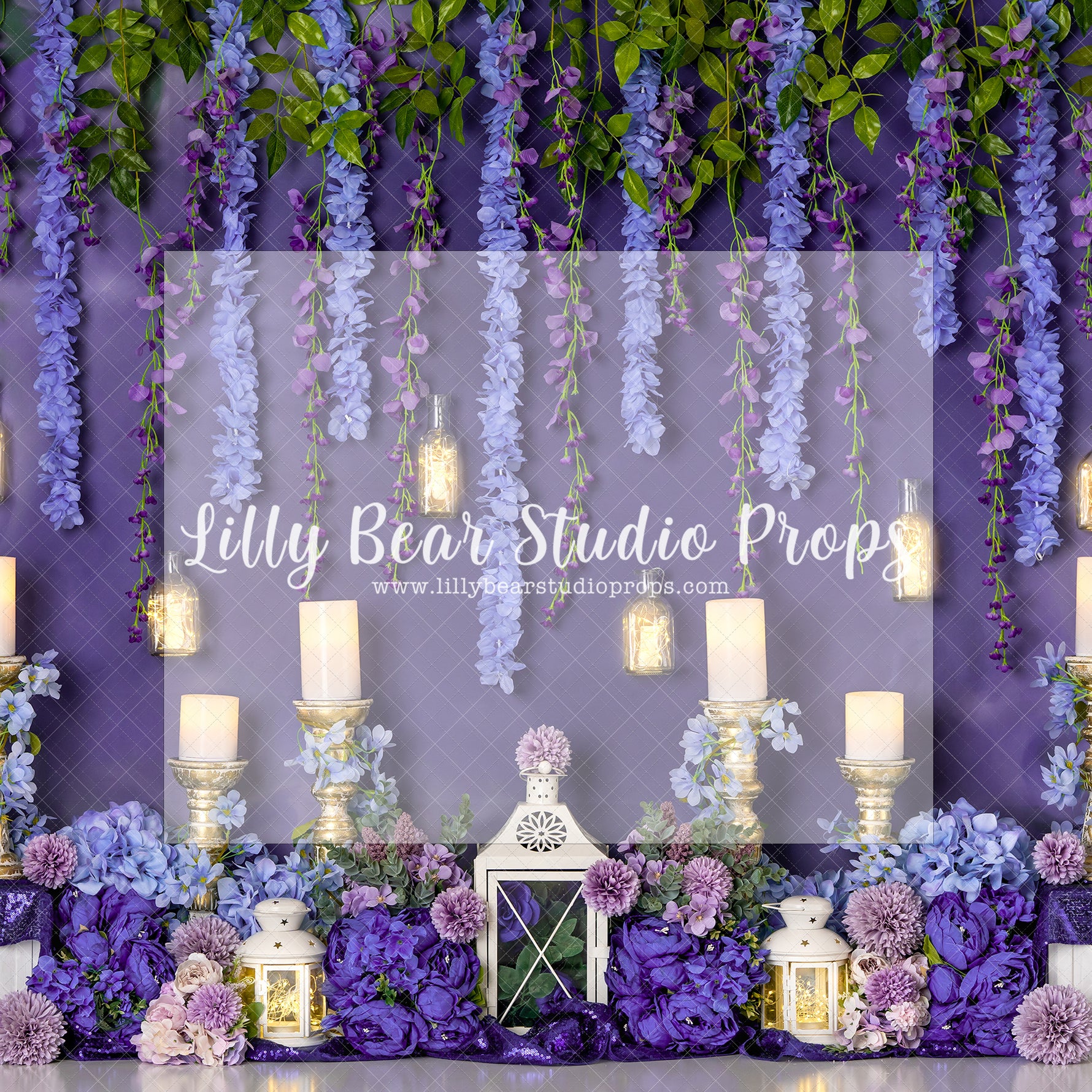 Enchanted Night Garden - Lilly Bear Studio Props, aladdin, blue and purple, blue flowers, candles, fabric, fairy garden, fairy garden night, fine art, floral, floral garden, garden, garden flowers, garden garland, garden love, garden tea party, girls, hand painted, jasmine, lanterns, magical fairy garden, magical garden, poly, pretty garden, purple flowers, spring garden, vinyl