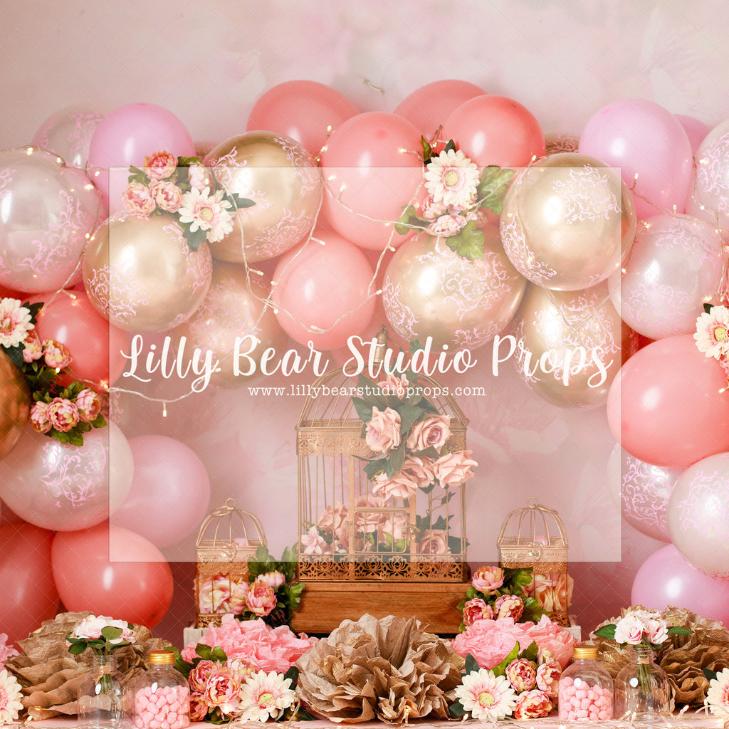 Eternity Balloon Arch - Lilly Bear Studio Props, blooming flowers, blush roses, bright flowers, cake smash, flowers, gold, gold balloons, gold palms, leaves, pink and gold balloons, pink balloons, pink flowers, pink roses, roses, spring flowers, tent