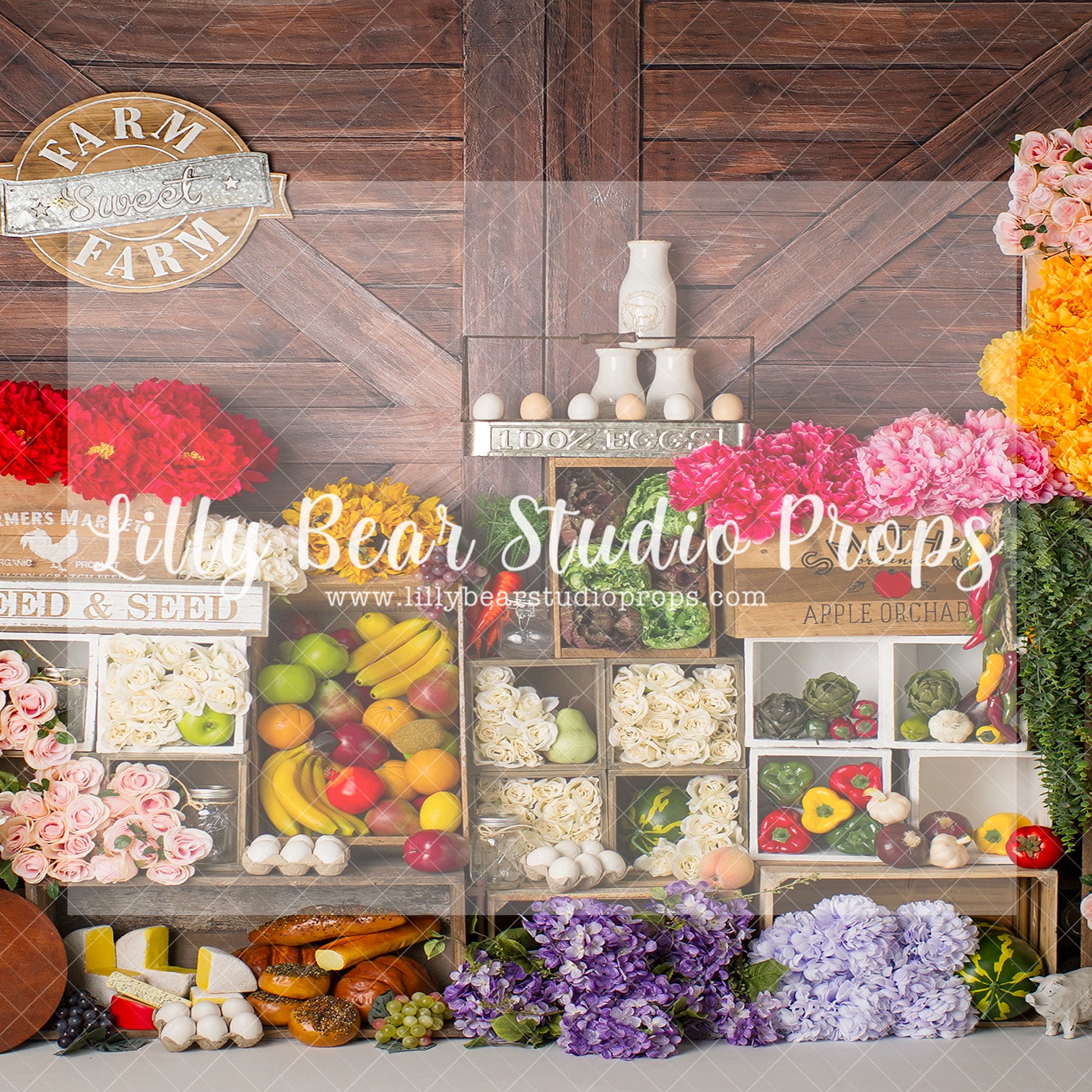 Farm Sweet Farm - Lilly Bear Studio Props, barn door, bread, easter garden, FABRICS, floral garden, flower market, fruit, fruit market, red barn, red barn spring, red barn wood, spring, spring garden