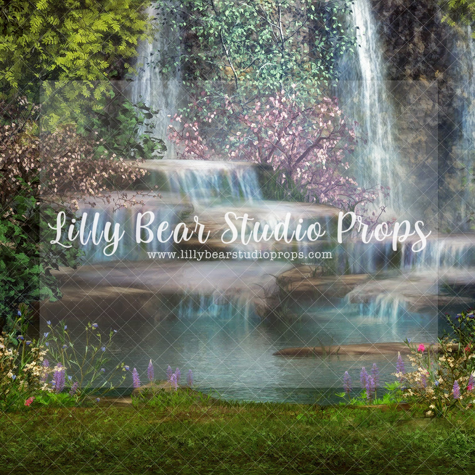 Fairy Tale Waterfall - Lilly Bear Studio Props, artistic floral, blush roses, cherry blossoms, FABRICS, fairies, fairy, fairy garden, floral, floral garden, flower garden, garden, garden love, girl, meadow, pink cherry blossoms, pink rose, pink roses, pond, waterfall, white cherry blossoms