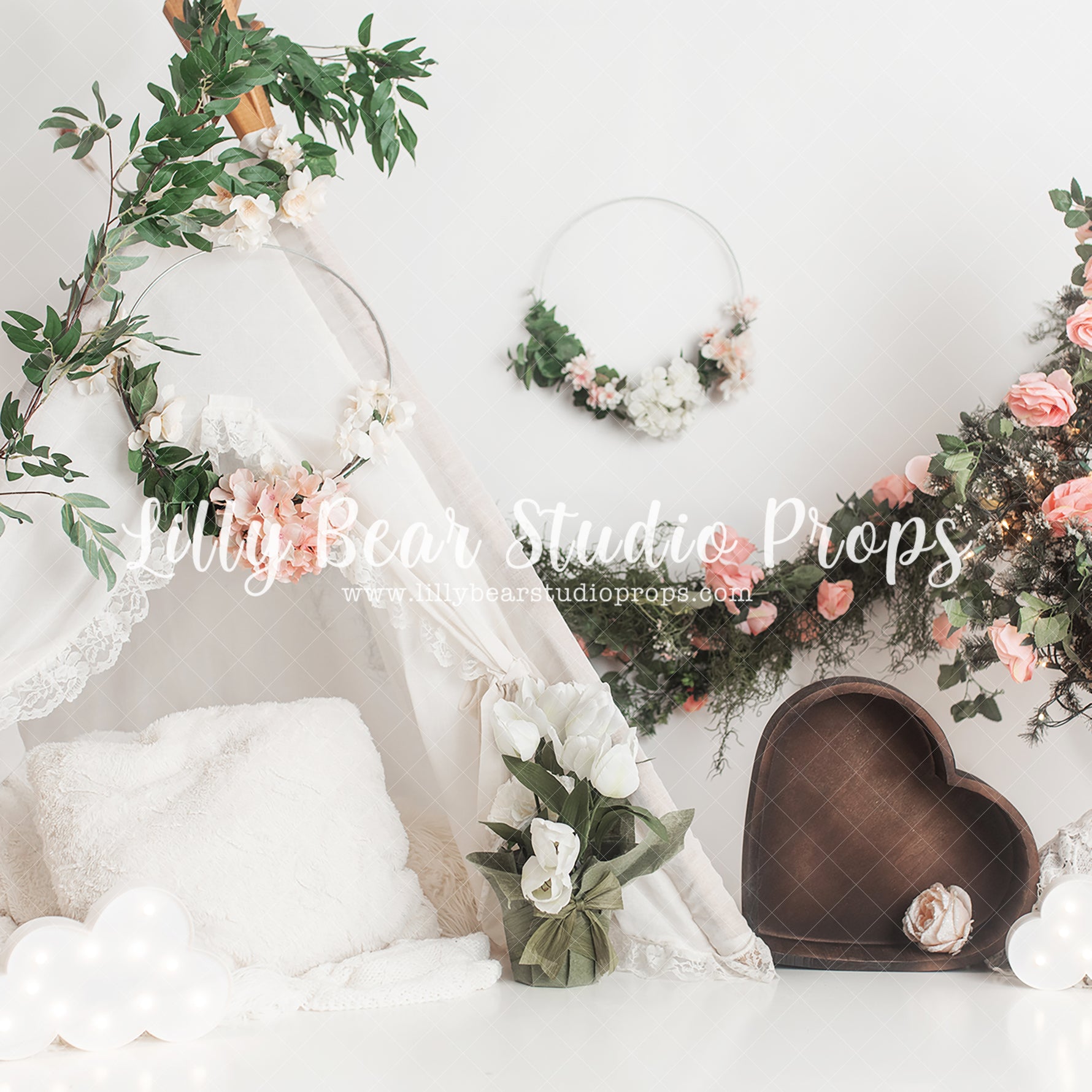 Floral Teepee Love - Lilly Bear Studio Props, artistic floral, boho rings, boho teepee, cream floral, dried floral, floral rings, flower, flower power, flower wall, paper flowers, pink flowers, rings, spring flowers, teepee