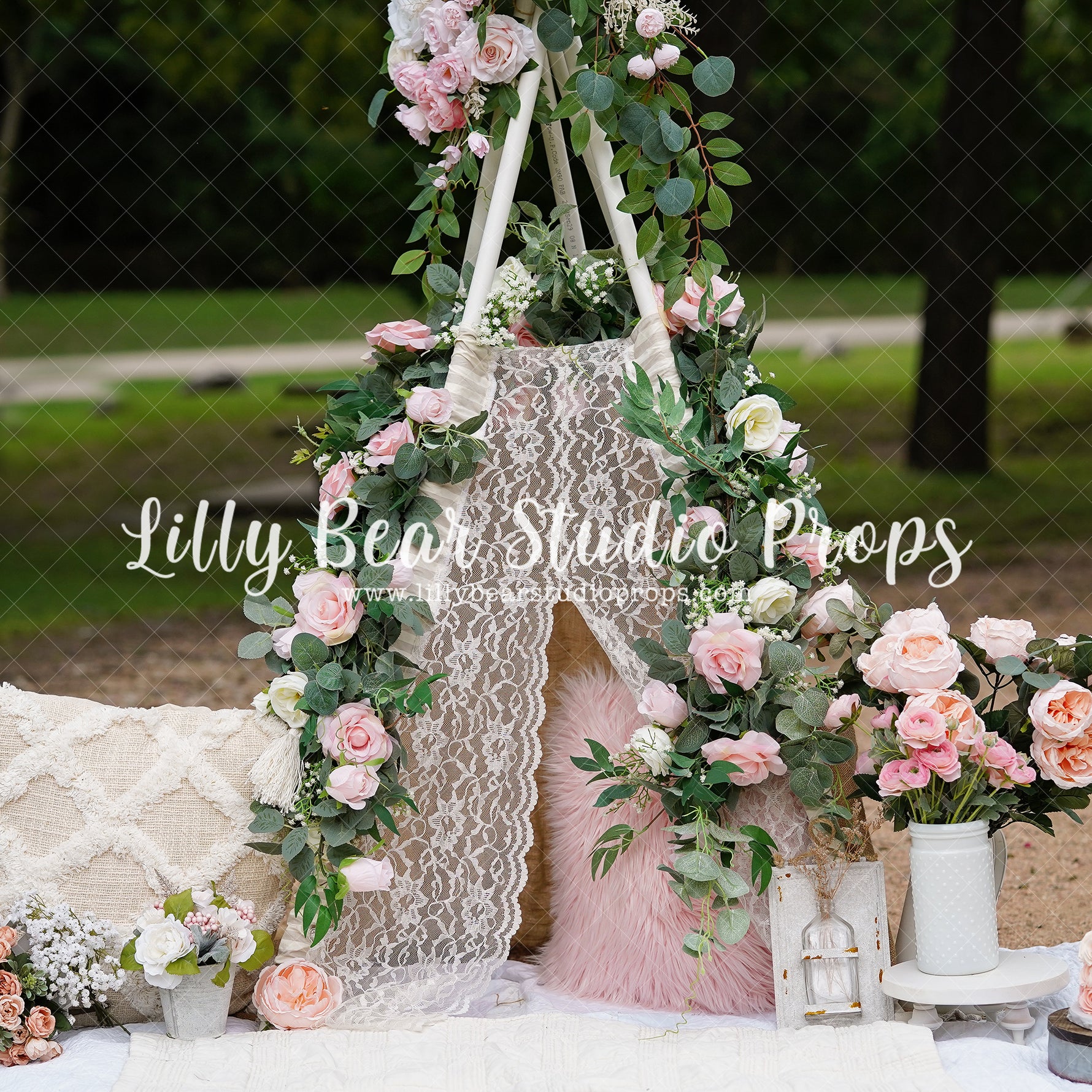 Floral Teepee Tent - Lilly Bear Studio Props, bicycle, blooming flowers, blue flower, blue flowers, boho teepee, bright flowers, flower, flower balloons, flower bed, flower market, flower one, flower shop, flower stand, fresh flowers, fresh fruit, fruit market, girl tent, little flower shop, one, pink balloons, summer, summertime, teepee, teepee tent, white picket fence