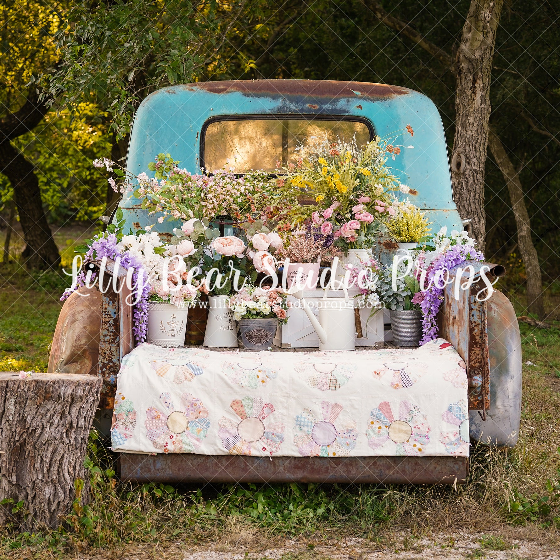 Flower Bed Truck - Lilly Bear Studio Props, bicycle, blooming flowers, blue flower, blue flowers, bright flowers, flower, flower balloons, flower bed, flower market, flower shop, flower stand, fresh flowers, fresh fruit, fruit market, little flower shop, pink balloons, summer, summertime, white picket fence