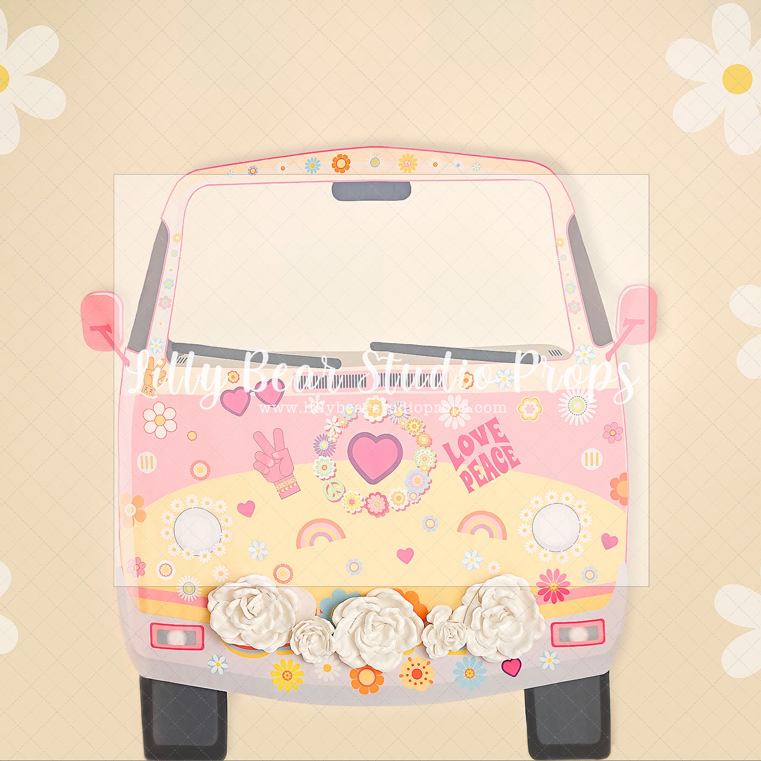 Flower Child Hippie by Sweet Little Blessings - Lilly Bear Studio Props, 60s, blushing, daisies, daisy, daisy flowers, FABRICS, floral, girl, groovy, groovy man, groovy one, hippie, paper flower wall, paper flowers, pastel pink flowers, peace, peace and love, peace love, peace symbol, VW bus, VW camper, white daisies, yellow daisies