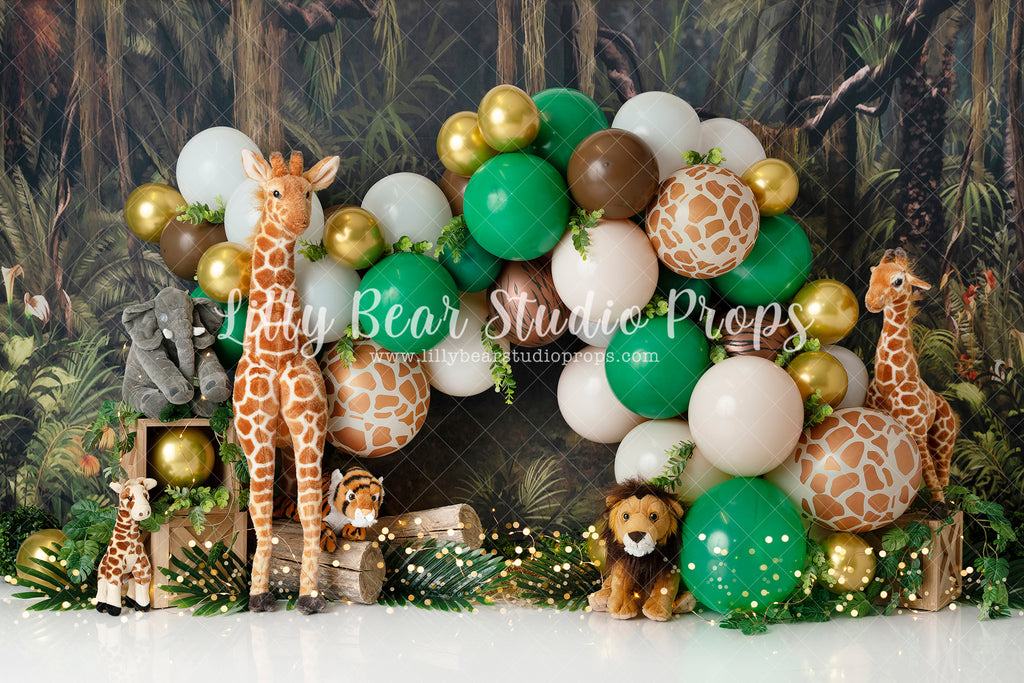 Frederick and his jungle friends - Lilly Bear Studio Props, aftrican lion safari, balloon and leaves, balloon garland, dino, elephant, elephant jungle, elephants, giraffe, jungle, jungle safari party, lion, safari, safari jeep, tiger, wild jungle, wild little one, wild one