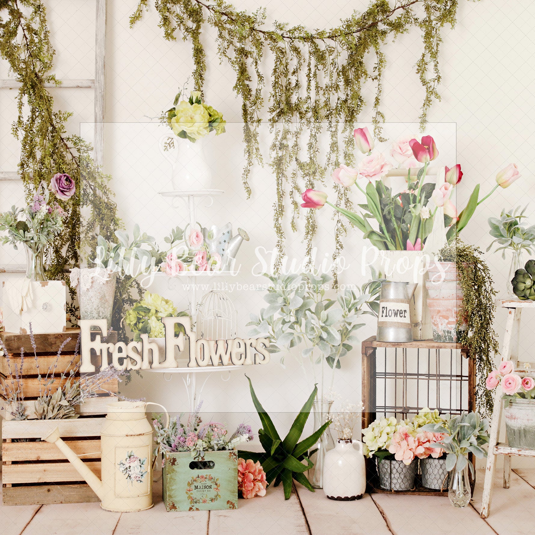 Fresh Flower Corner - Lilly Bear Studio Props, boho spring, FABRICS, flower barn doors, flower garden, flower ladder, flower stand, fresh flowers, garden, spanish moss, spring, spring garden, spring mini, spring time, springtime, sprintime, tulips, watering can