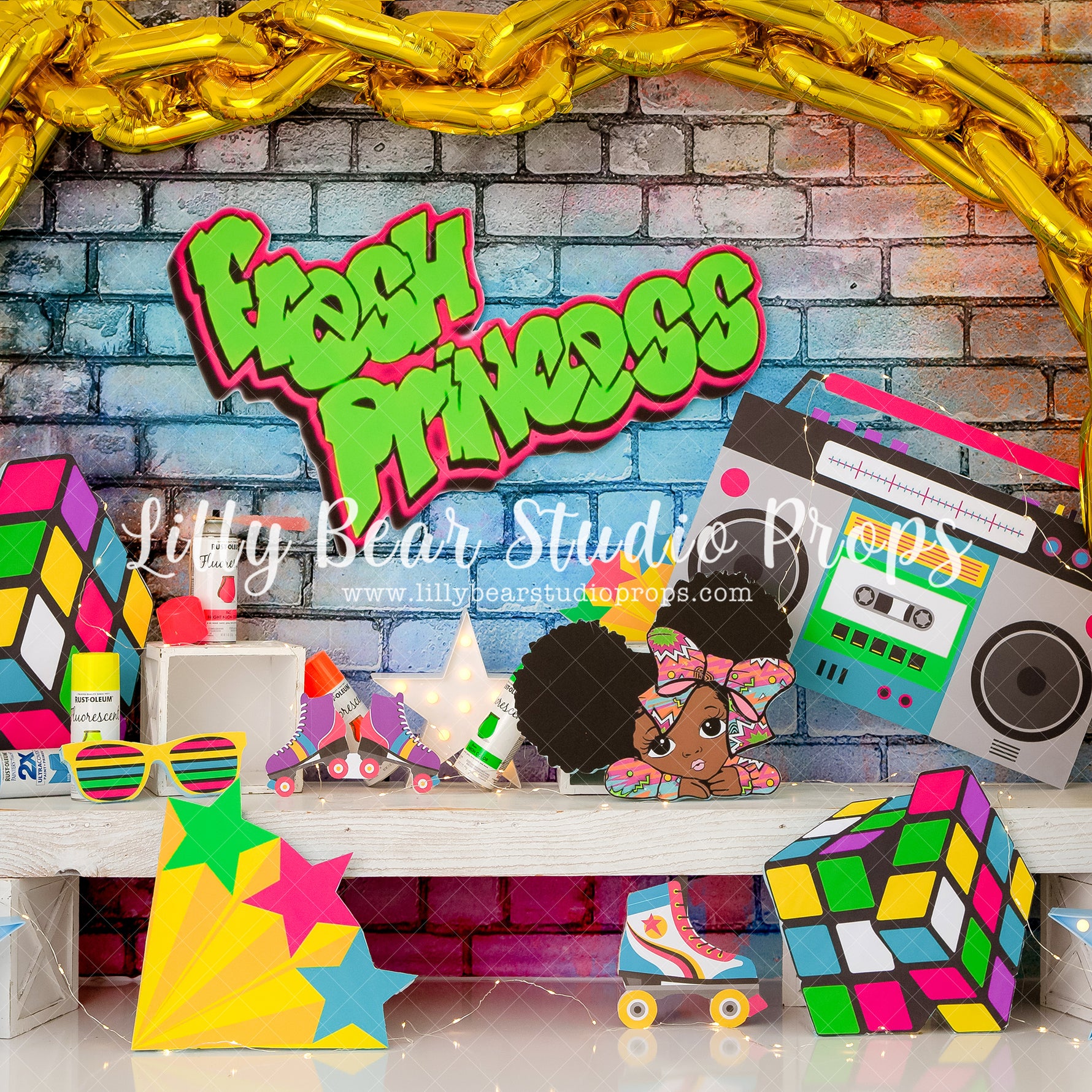 Fresh Princess - Lilly Bear Studio Props, 90's, 90s tv, bel air, boom box, chain, fresh, fresh prince, fresh prince of bel air, fresh princess, gold chain, graffiti, hip hop, rap, rapper, retro, retro music, retro tv, roller skate, rubix cube, stars, stereo