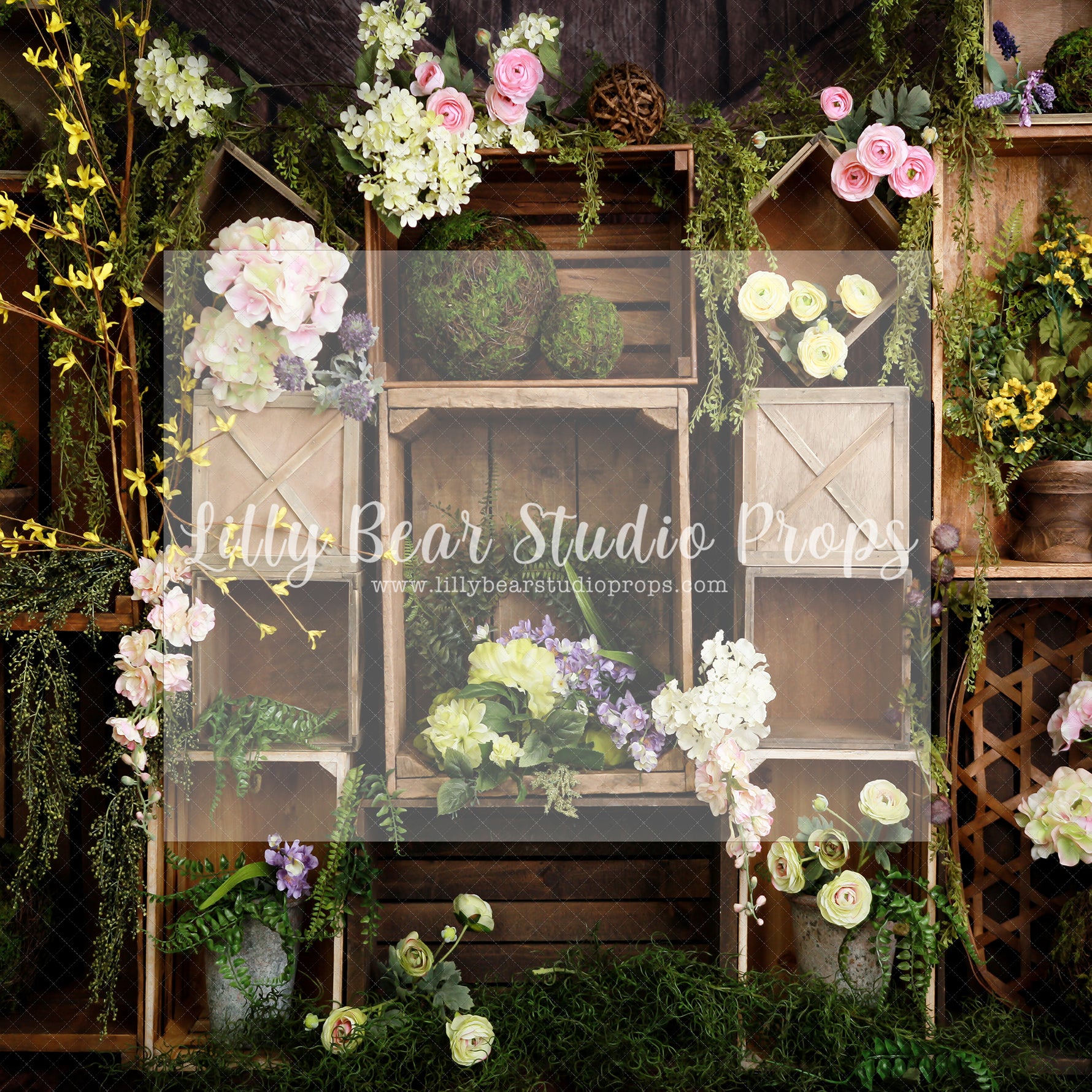 Garden Box Wall Springtime Flowers - Lilly Bear Studio Props, boho spring, FABRICS, flower barn doors, flower garden, flower ladder, flower stand, fresh flowers, garden, spanish moss, spring, spring garden, spring mini, spring time, springtime, sprintime, tulips, watering can