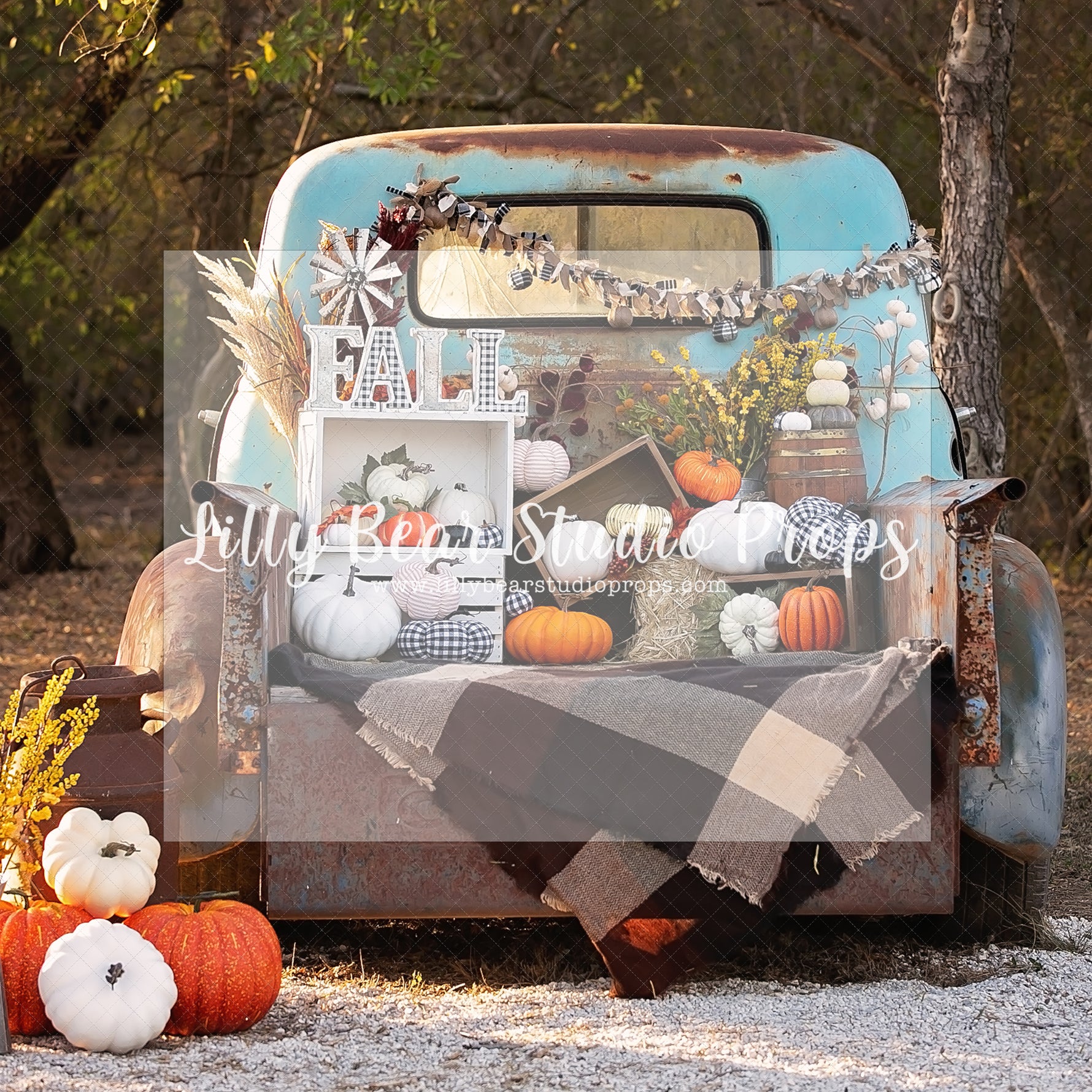 Gathering Fall - Lilly Bear Studio Props, autumn, autumn colors, autumn colours, autumn leaves, blue pickup truck, fall, fall colors, fall colours, forest, green, greenery, harvest, pickup truck, pink, pink autumn, pink fall, pumpkin, pumpkin is turning one, pumpkins, rustic, seasonal, truck