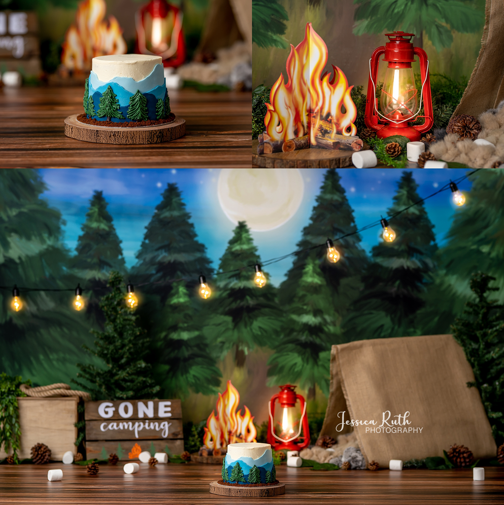 Gone Camping by Jessica Ruth Photography sold by Lilly Bear Studio Props, dark forest - fabric - forest - green forest