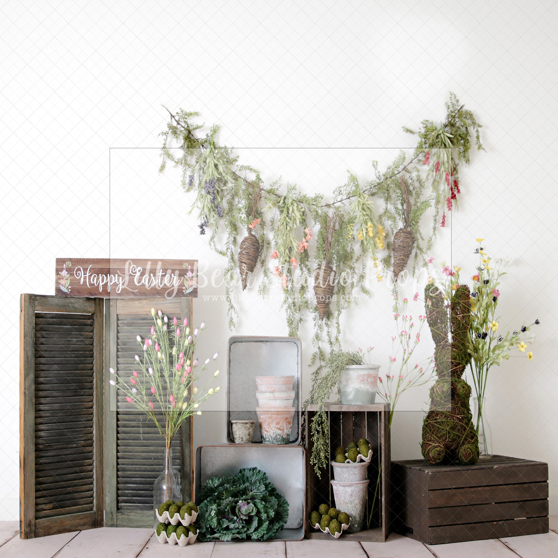 Happy Easter Moss Bunny - Lilly Bear Studio Props, boho spring, bunny, bunny garden, bunny one, bunny trail, carrot, carrots, easter, easter backdrop, easter basket, easter bunny, easter eggs, easter mini, FABRICS, flower barn doors, flower garden, flower stand, some bunny is one, spring, spring camper, spring garden