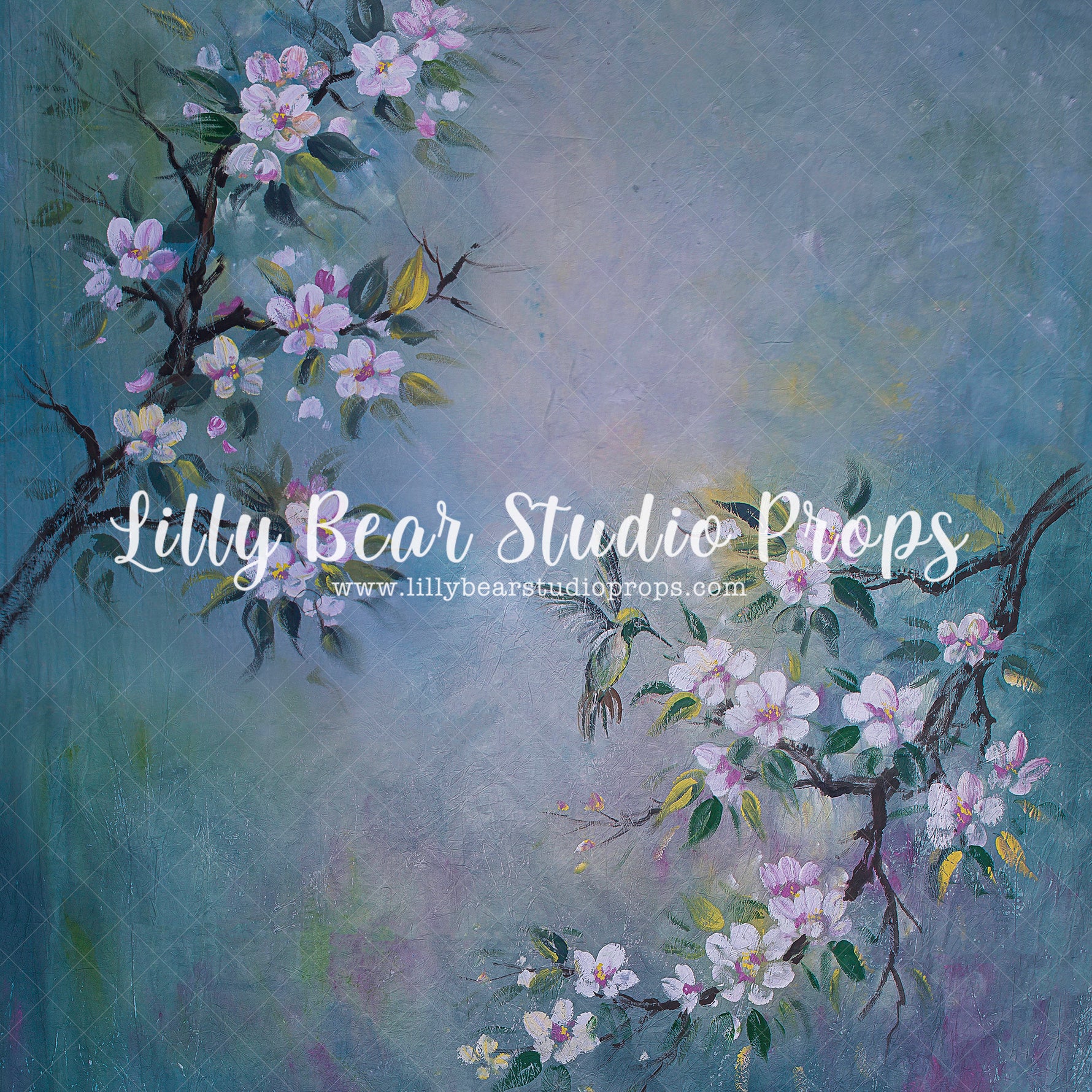 Hummingbird Floral - Lilly Bear Studio Props, blue, blue floral, FABRICS, floral, floral garden, floral sweep, flowers, garden flowers, hand painted, hand painted floral, hummingbird, painted, pink, pink flowers, sweep, textured