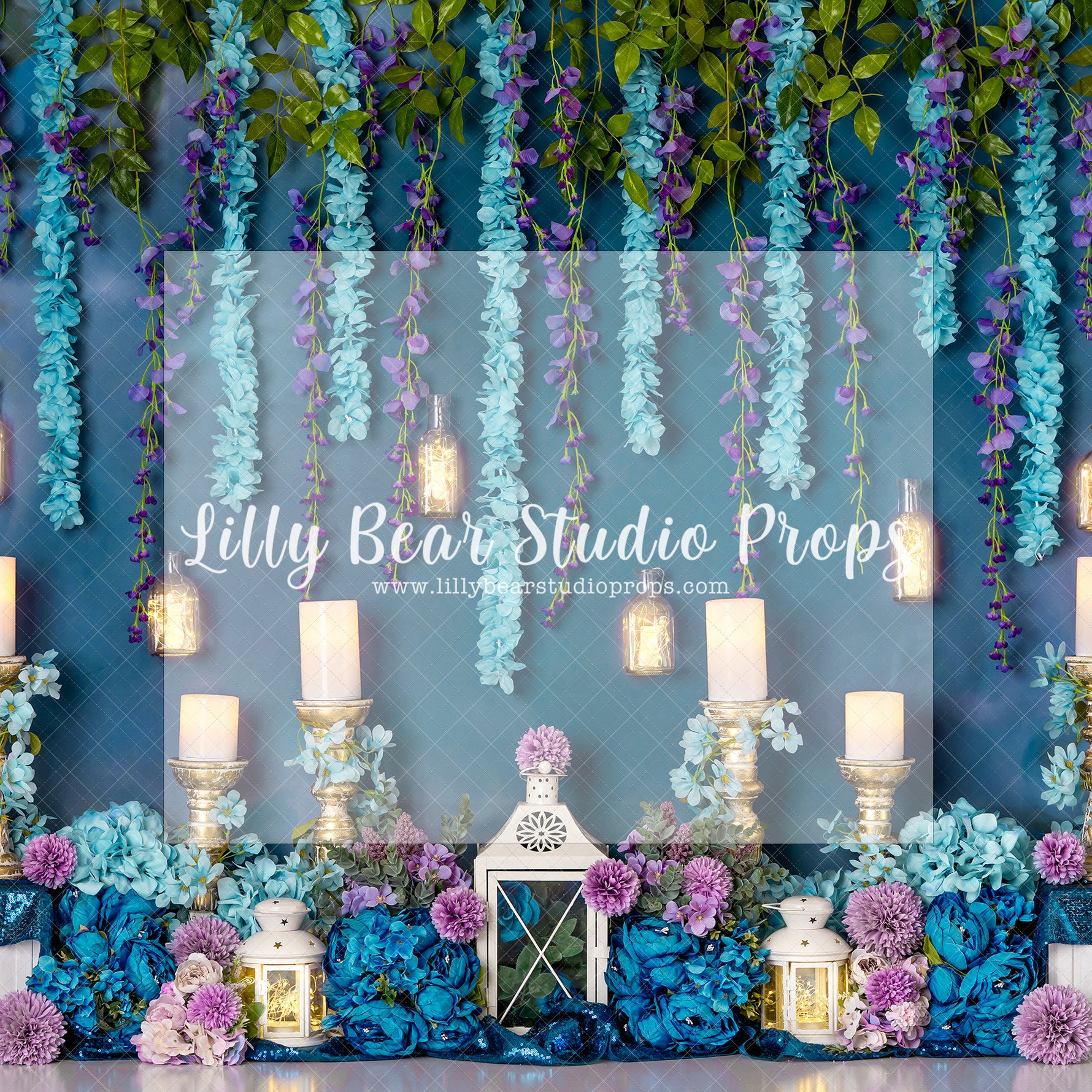 Jasmine Night Garden - Lilly Bear Studio Props, aladdin, blue and purple, blue flowers, candles, fabric, fairy garden, fairy garden night, fine art, floral, floral garden, garden, garden flowers, garden garland, garden love, garden tea party, girls, hand painted, jasmine, lanterns, magical fairy garden, magical garden, poly, pretty garden, purple flowers, spring garden, vinyl