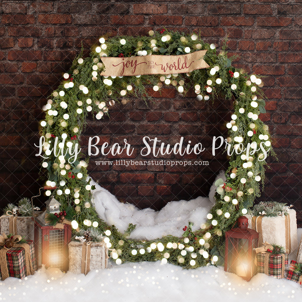 Joy to the World - Lilly Bear Studio Props, brick christmas, christmas, christmas brick, christmas wreath, holiday, holiday wreath, joy, joy to the world, lanterns, lanters, Large wreath, pine trees, presents, winter, wreath, wreaths