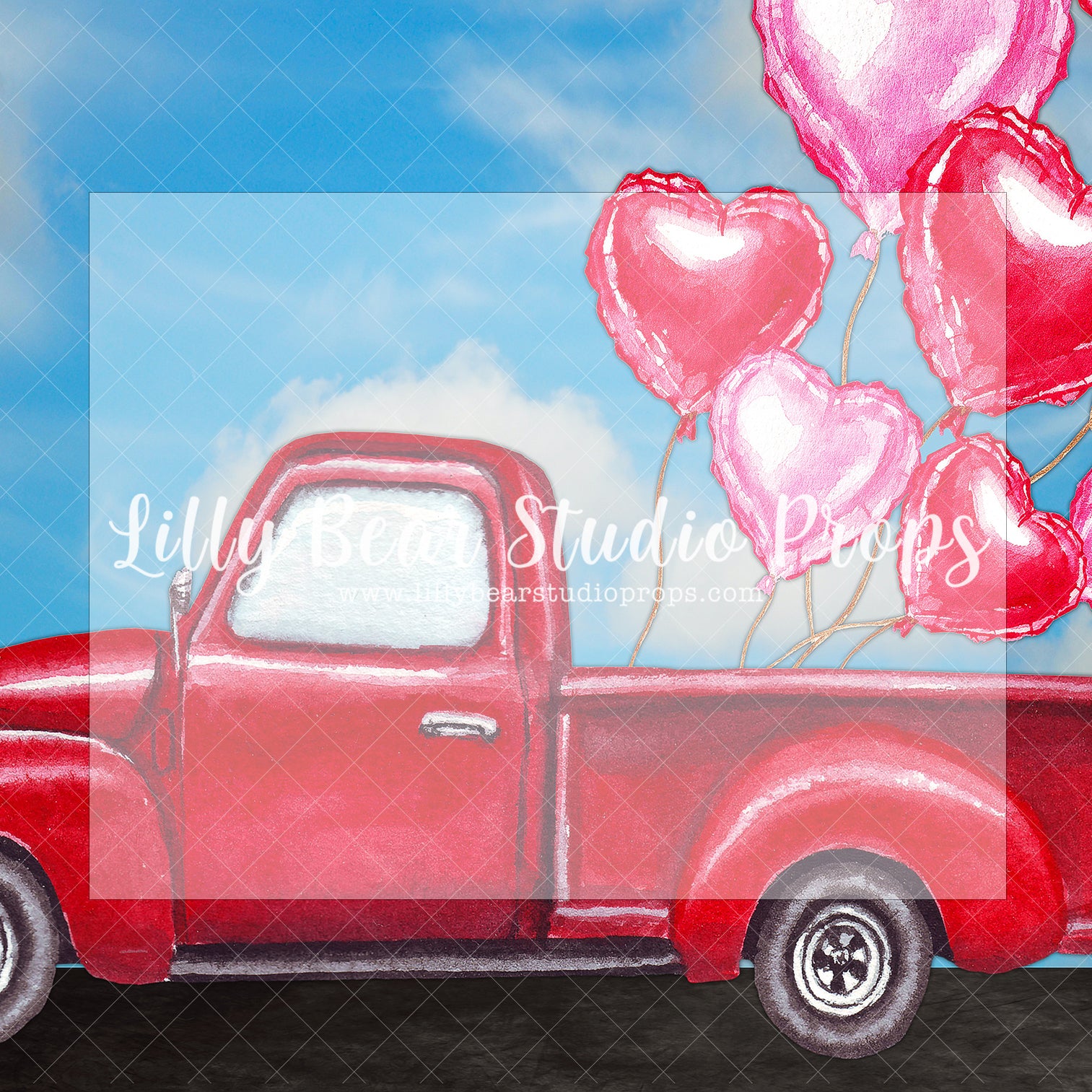LOVE IS RED TRUCK - Lilly Bear Studio Props, FABRICS, girl, headboard, heart, heart gems, heart marquee, hearts and arrows, hippie, love balloon, pink clouds, pink doors, red truck, valentine, valentine booth, valentine clouds, valentine door, valentine truck, valentine's card, valentines, valentines day
