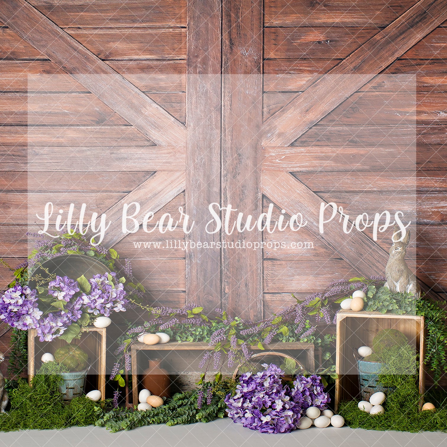 Mossy Easter - Lilly Bear Studio Props, barn doors, bunny, bunny garden, easter eggs, FABRICS, farm eggs, flower barn doors, flower garden, purple flowers, spring, spring garden