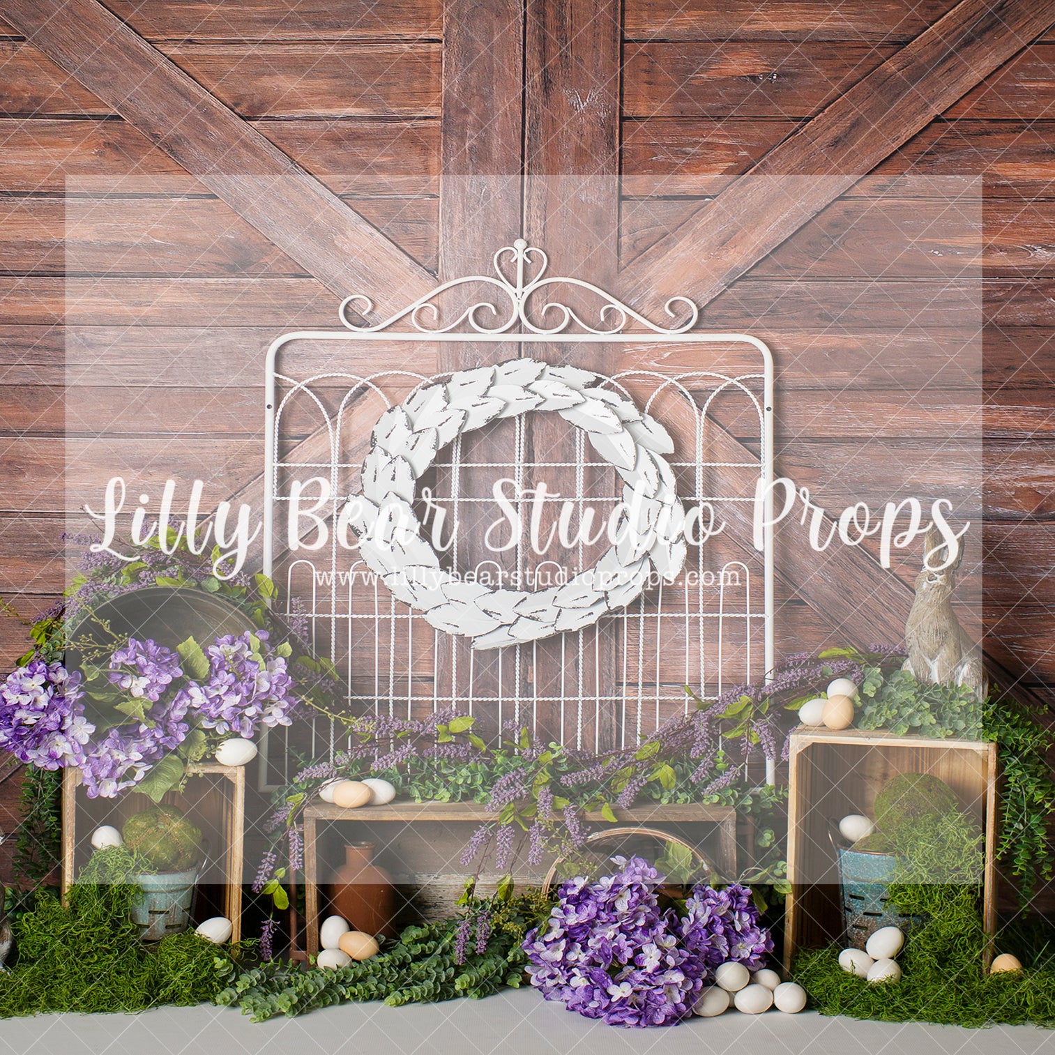 Mossy Easter Gate - Lilly Bear Studio Props, barn doors, bunny, bunny garden, easter eggs, FABRICS, farm eggs, flower barn doors, flower garden, purple flowers, spring, spring garden